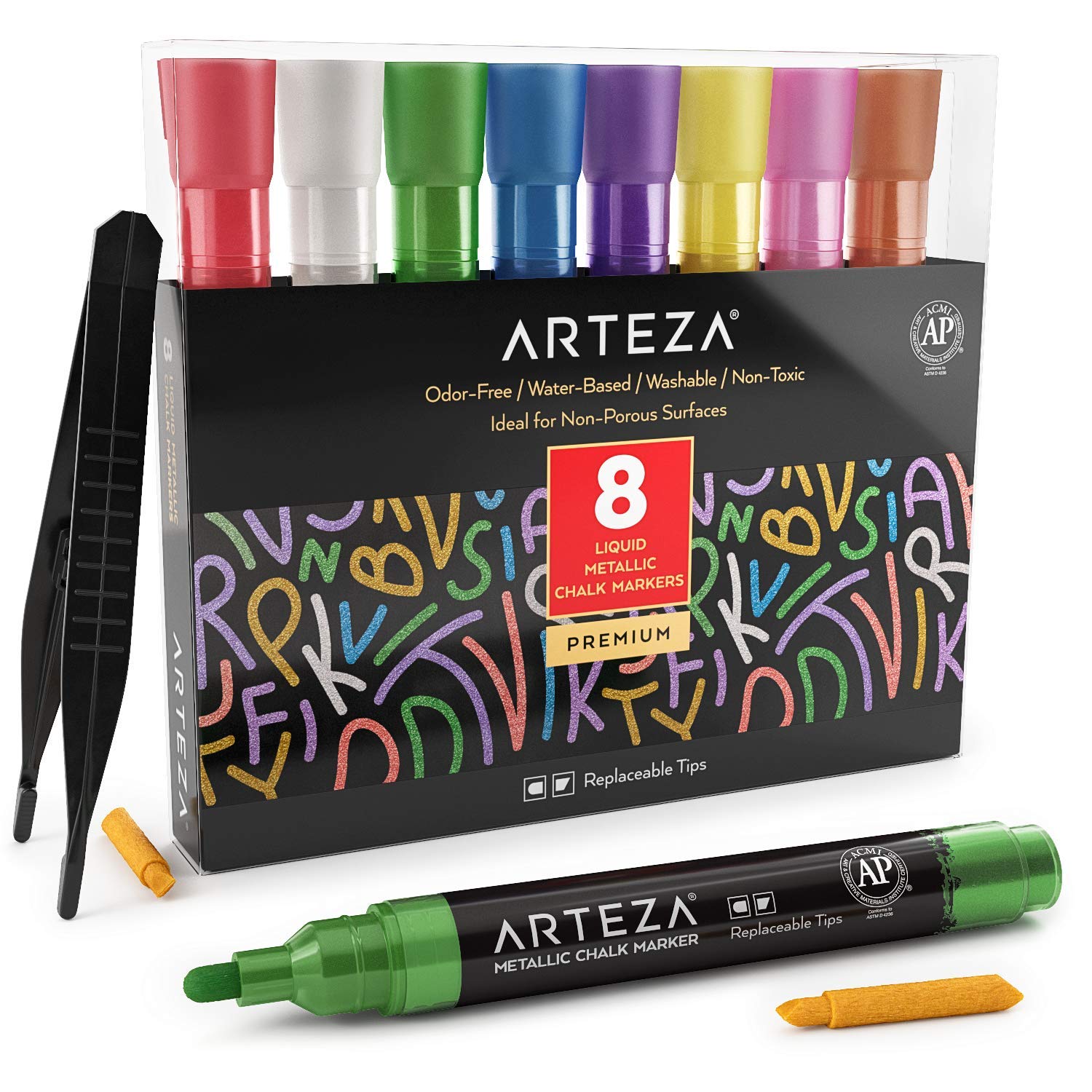ARTEZA Liquid Chalk Markers Set of 8 - Vibrant Metallic Colors, Erasable & Non-Toxic - Perfect for Chalkboards, Windows, Signs, Bistro Boards & DIY Crafts