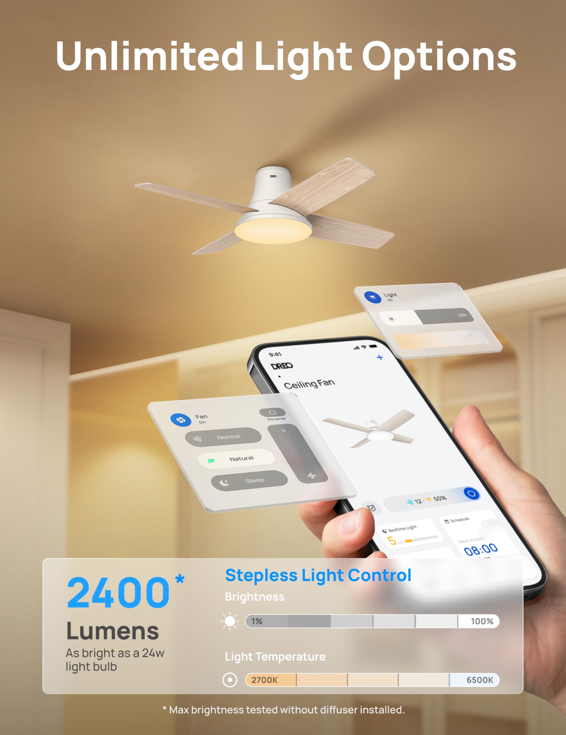Dreo 44'' Smart Ceiling Fan with LED Light - 12 Speed Quiet DC Motor, 3 Modes, Remote Control & Dimmable Flush Mount Design - Perfect for Bedroom, Living Room & Home Office (White)