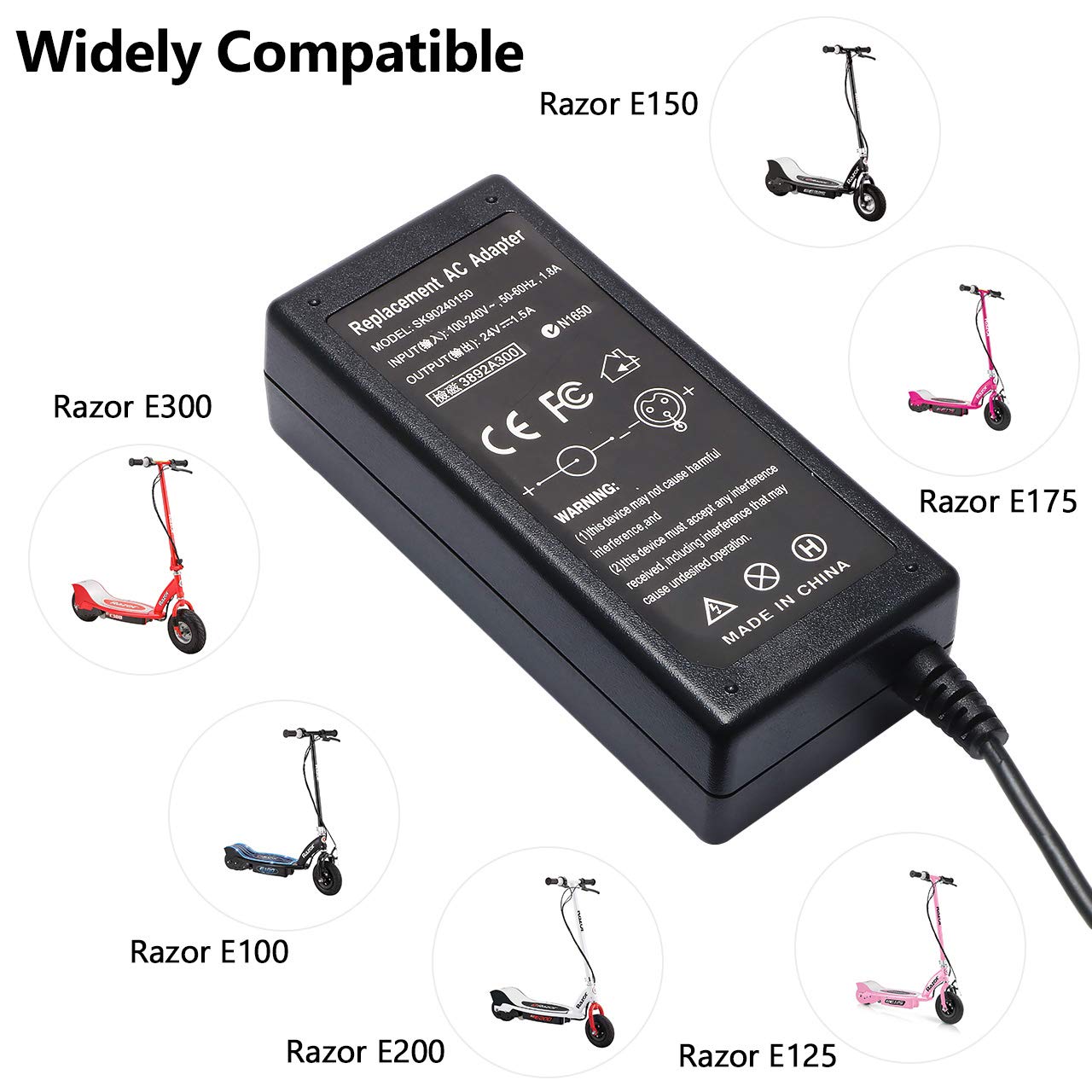 Trimnpy E100 E200 24V 1.5A Electric Scooter Battery Charger - Compatible with Razor E200S E125 E175 E225 E300 E325 E150 E500 MX350 MX400 ZR350, Sports Mod, Pocket Mod, Dirt Quad Bike - 3-Prong Inline Power Supply - Perfect for Home, Outdoor, and Commuting Use