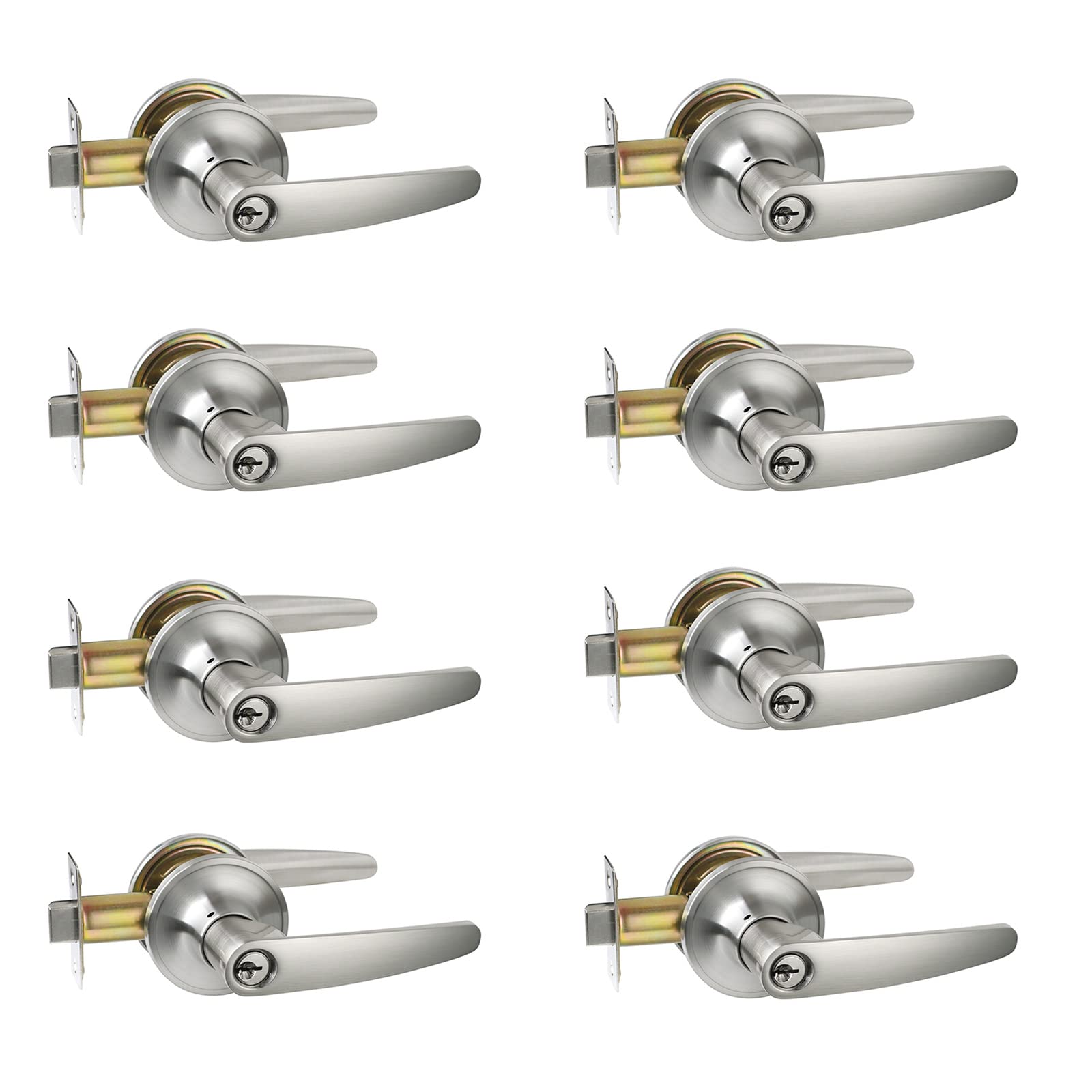 HISAFE 8-Pack Keyed Entry Door Lever Set - Exterior Door Handle with Different Keys, Satin Nickel Finish (X-TL021-SN-ET-8P) - Secure Home & Office Entry, Ideal for Apartments, Hotels, and Commercial Buildings