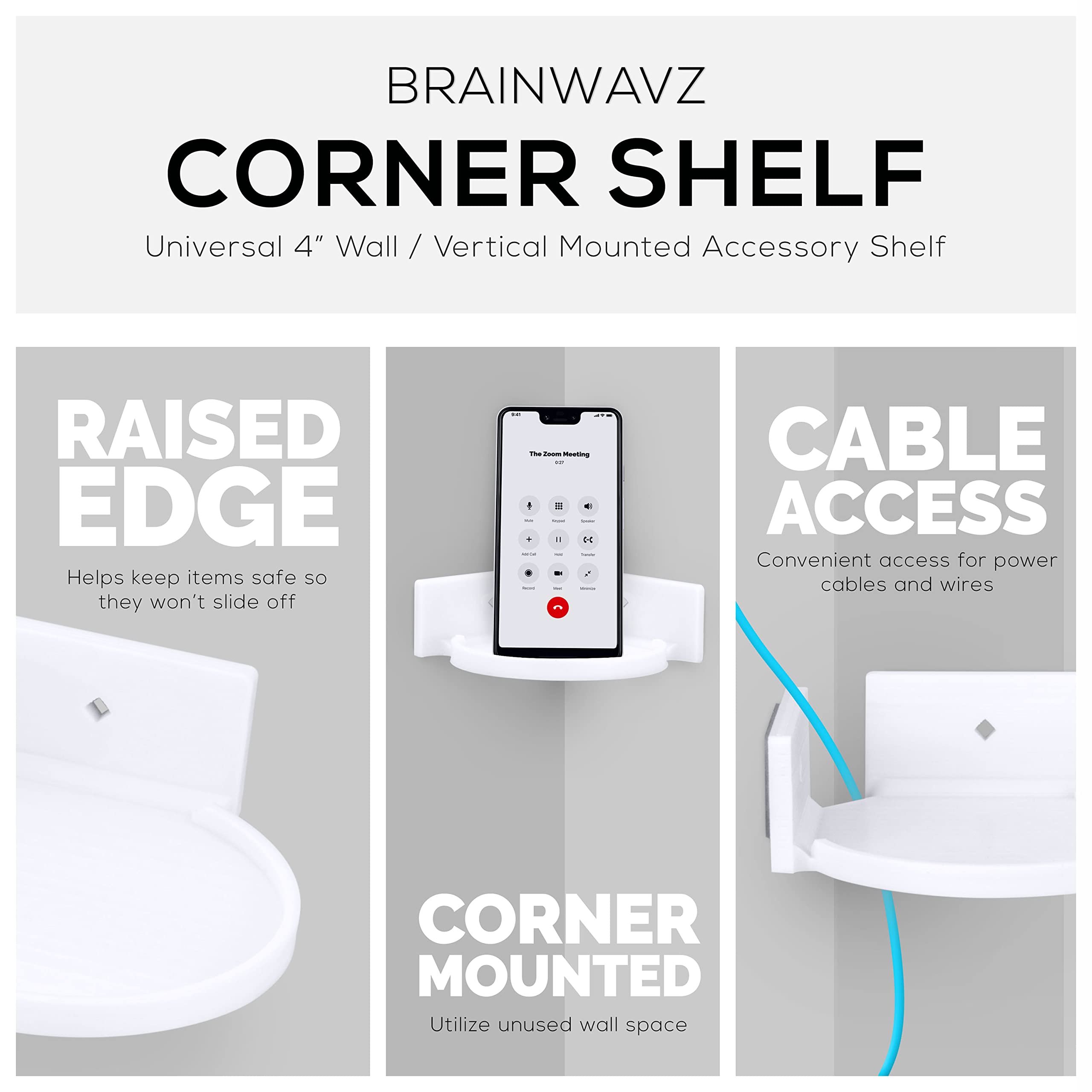 BRAINWAVZ 4 Inch Small Floating Shelf - Wall Mount with Adhesive & Screw Installation for Bluetooth Speakers, Cameras, Plants, Toys, Books - Easy to Install White Shelves for Home Office Decor & Organization