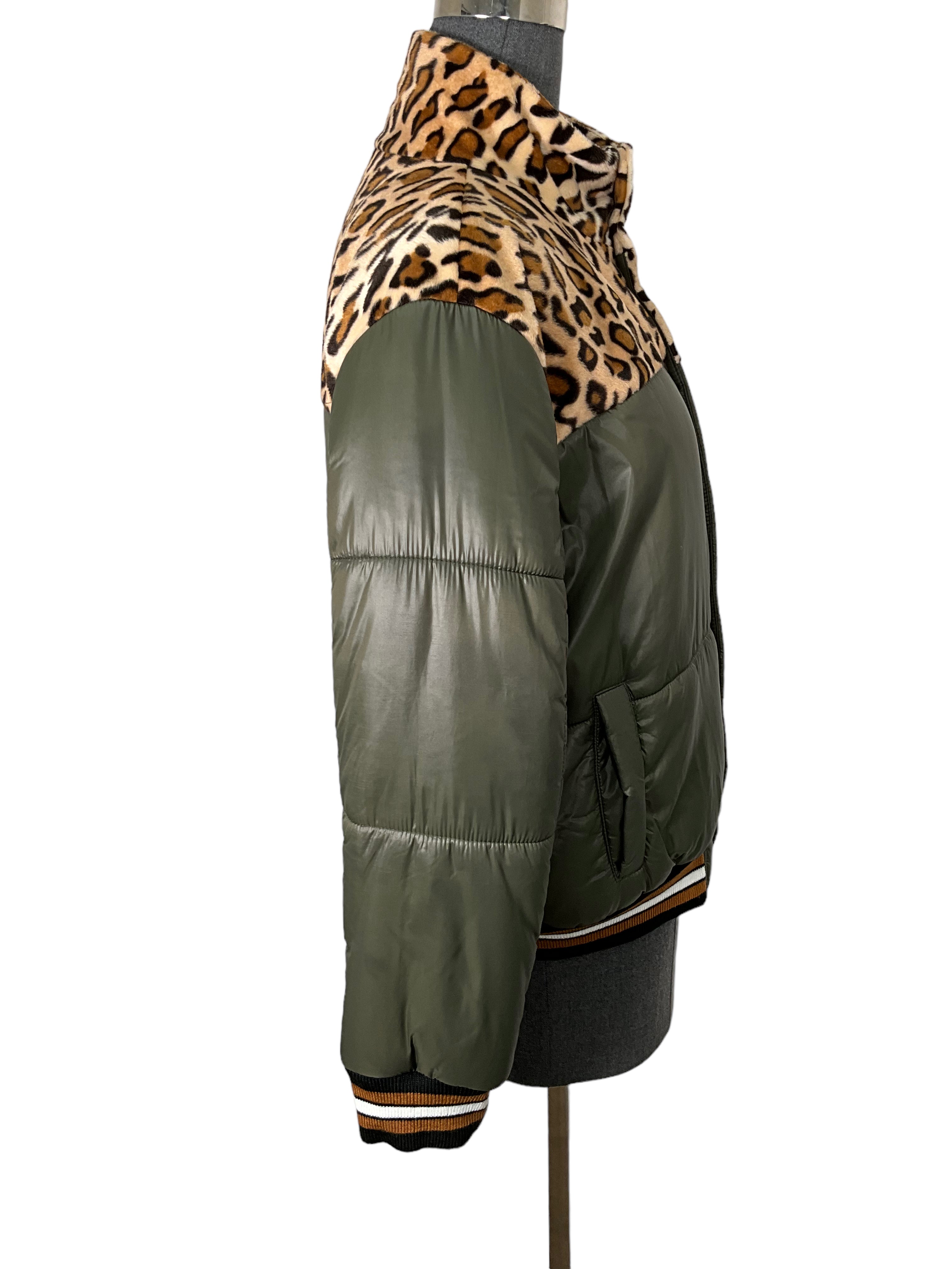 Stylish Olive & Cheetah Print Puffer Jacket - Women's Size S | Winter Fashion Outerwear for Casual Wear & Outdoor Activities