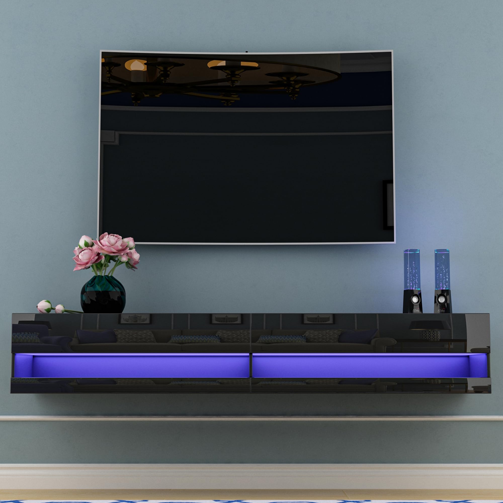 Floating LED TV Stand for 65-80 Inch TVs - Modern High Gloss Wall Mounted Entertainment Center with LED Lights - Black | Perfect for Living Room, Bedroom & Home Theater Setup