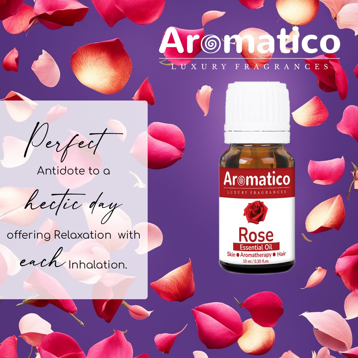 AROMATICO 100% Pure Rose Essential Oil for Aromatherapy, Stress Relief & Meditation | Natural Fragrance for Diffusers, Candles, Soaps | Promotes Relaxation & Focus | Perfect for Spa, Yoga & Home Use - 10ml Bottle