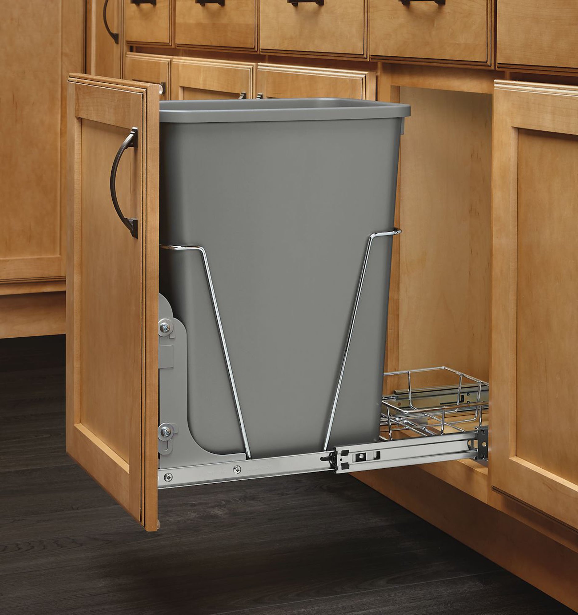 Rev-A-Shelf 35 Qt Under Sink Trash Can - Silver Kitchen & Bathroom Cabinet Garbage Bin, Plastic Waste Container for Laundry Room & RV Storage | Perfect for Small Spaces & Clutter-Free Organization