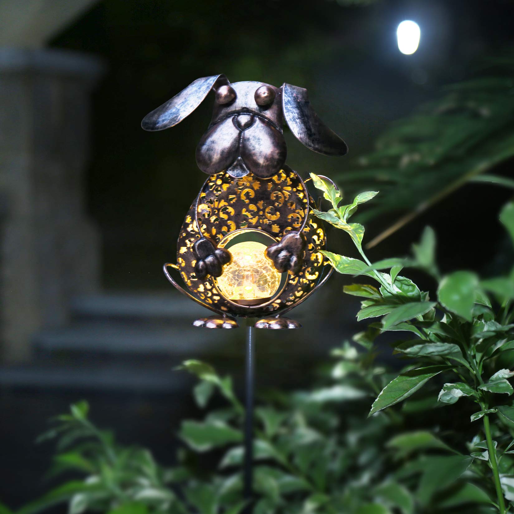 KAIXOXIN Solar Garden Lights - Waterproof Metal Dog Crackle Glass Globe Stake Light, Warm White LED Solar Path Lights for Outdoor Decoration (Dog-Bronze) | Perfect for Walkways, Patios, Lawns & Backyard Landscaping