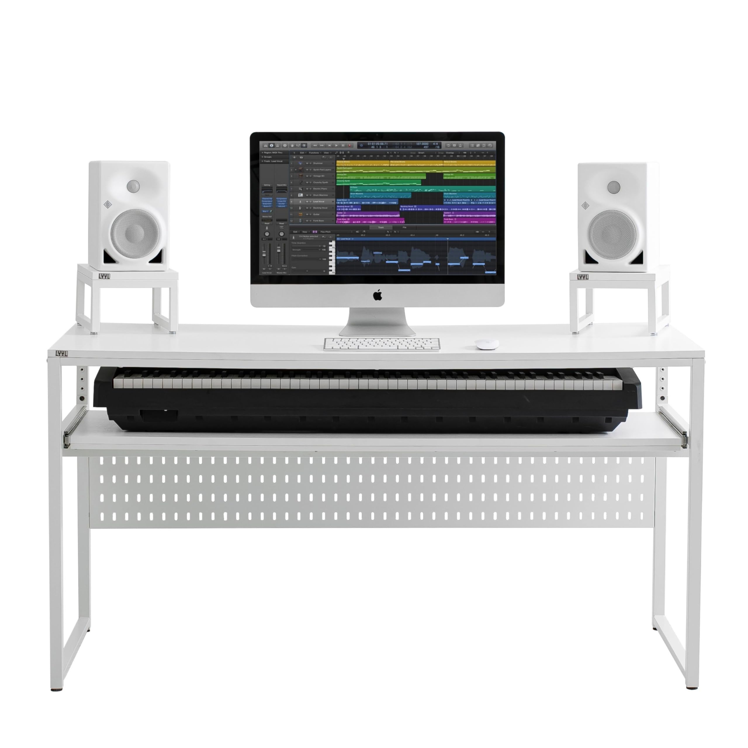 Professional Music Studio Desk with Keyboard Tray - Fits Full 88 Key & 61 Key Digital Pianos (White) - Perfect for Home Recording Studios, Music Production & Piano Practice - Includes Cable Management & Optional Speaker Stands