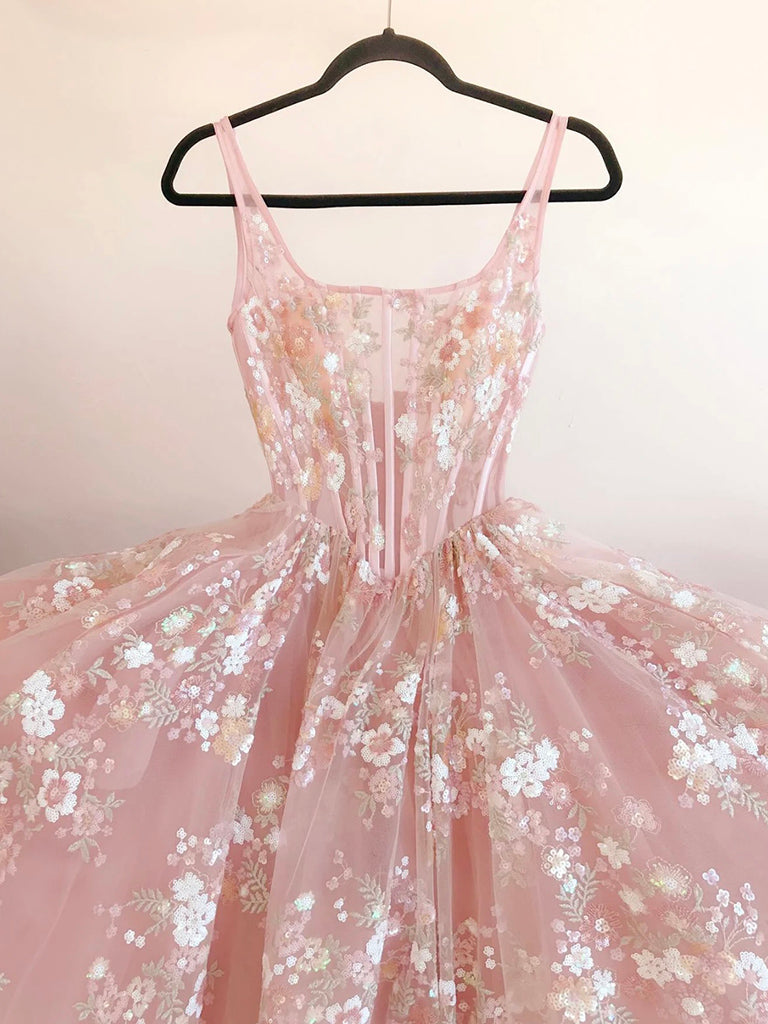 Elegant A-Line Tulle Lace Pink Long Prom Dress for Women - Formal Evening Gown with Floral Embroidery | Perfect for Homecoming, Wedding Guest, and Special Occasions