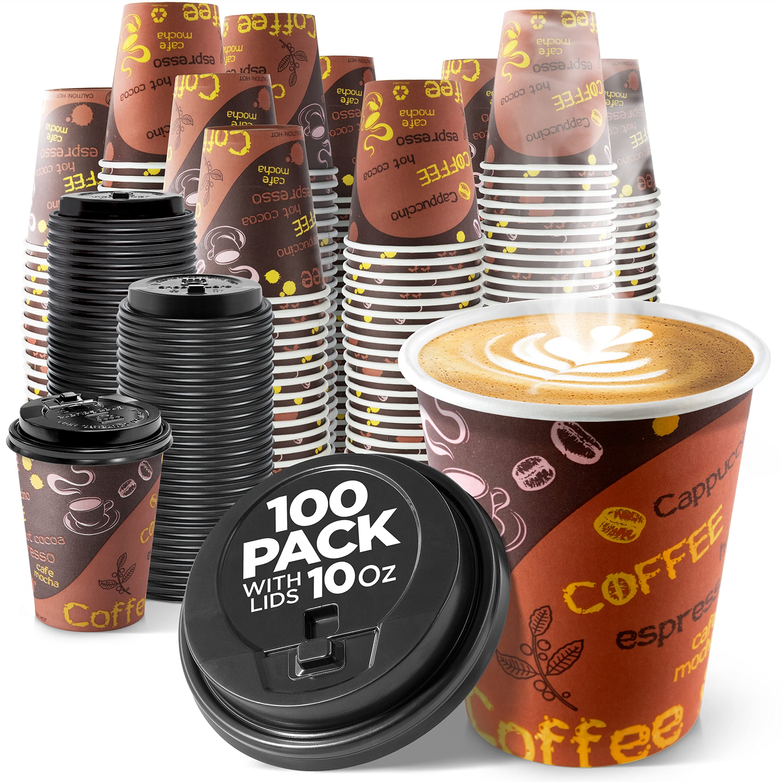 10 oz Disposable Coffee Cups with Lids (100 Pack) - Eco-Friendly Paper Cups for Hot & Cold Beverages - Perfect for Coffee, Tea, Hot Chocolate, Juice & Water - Ideal for Office, Cafes, Parties & Takeout