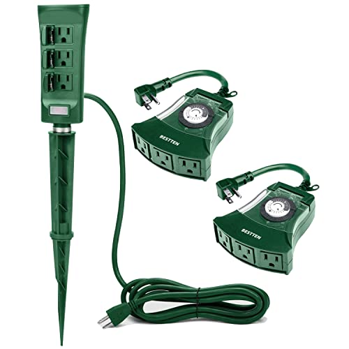 BESTTEN 6 Outlet Outdoor Power Strip with 2 Pack 24-Hour Timer - ETL Certified, Weatherproof Extension Cord for Patio, Garden, and Outdoor Events