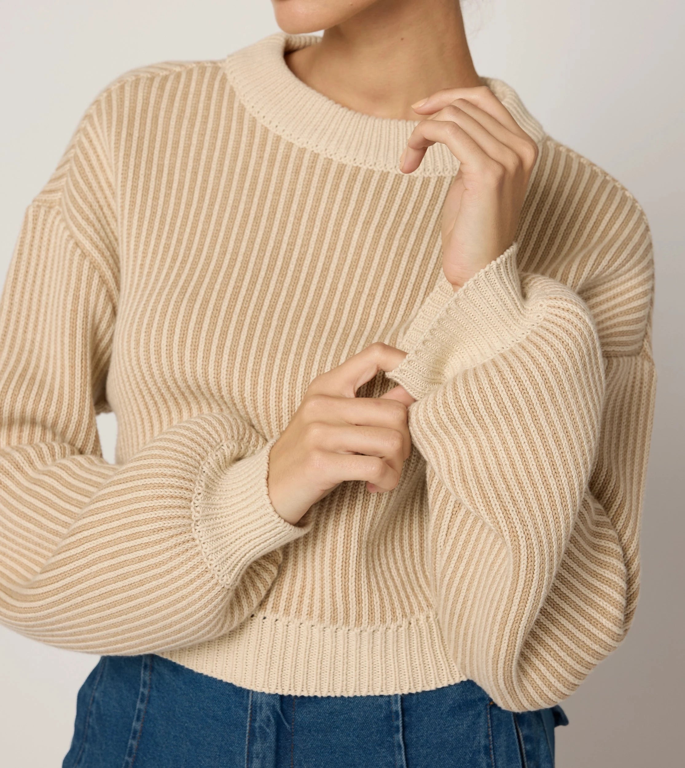 Sydney Sweater Women's Knit Pullover - Ivory & Oatmeal Color Block Crewneck Sweater | Cozy Winter Fashion for Casual Outings & Office Wear