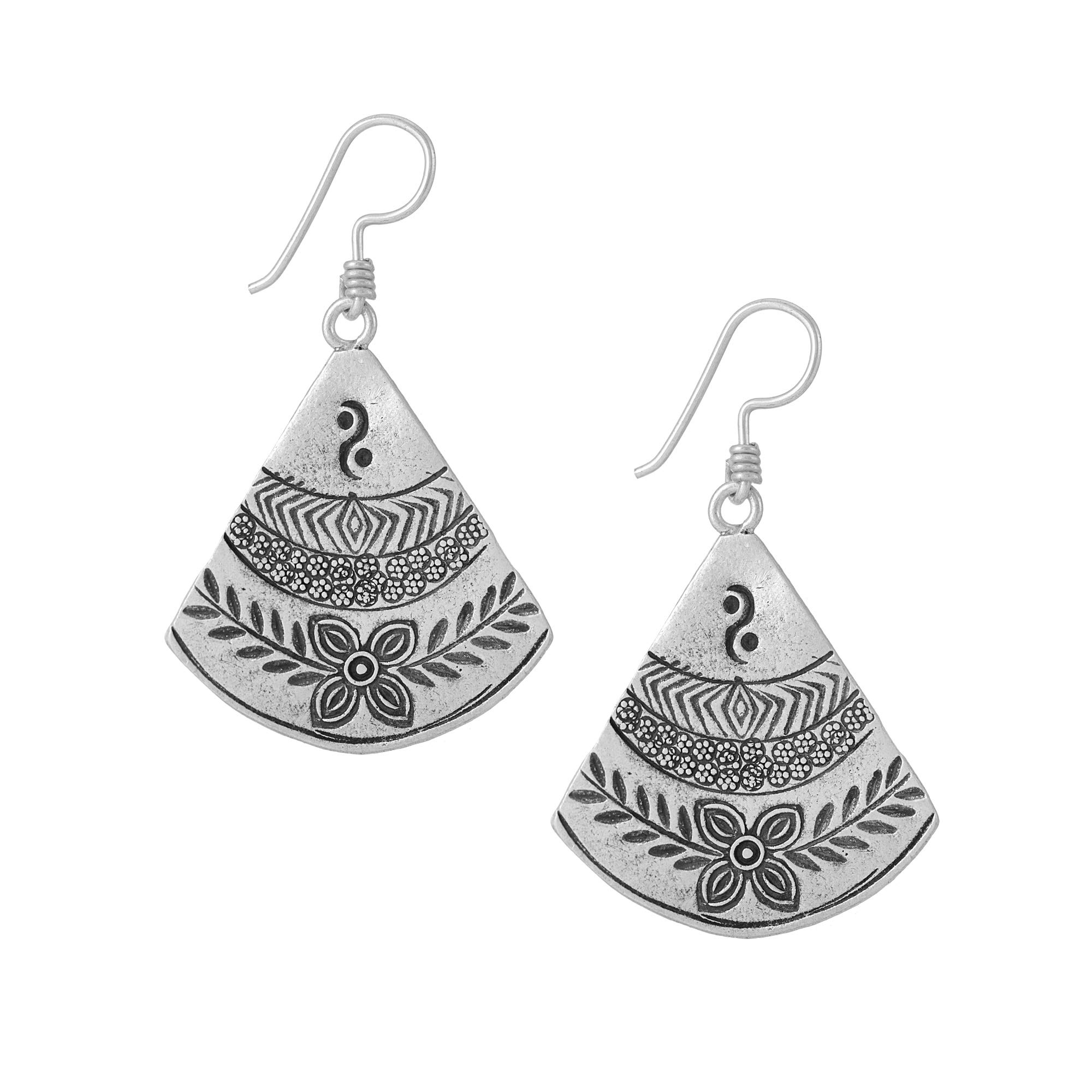 Women's 999 Fine Silver Karen Hill Tribe Fan Triangle Tribal Leaf Engraved Earrings - Handmade Sterling Silver Jewelry for Women - Perfect for Boho Fashion, Ethnic Style & Special Occasions