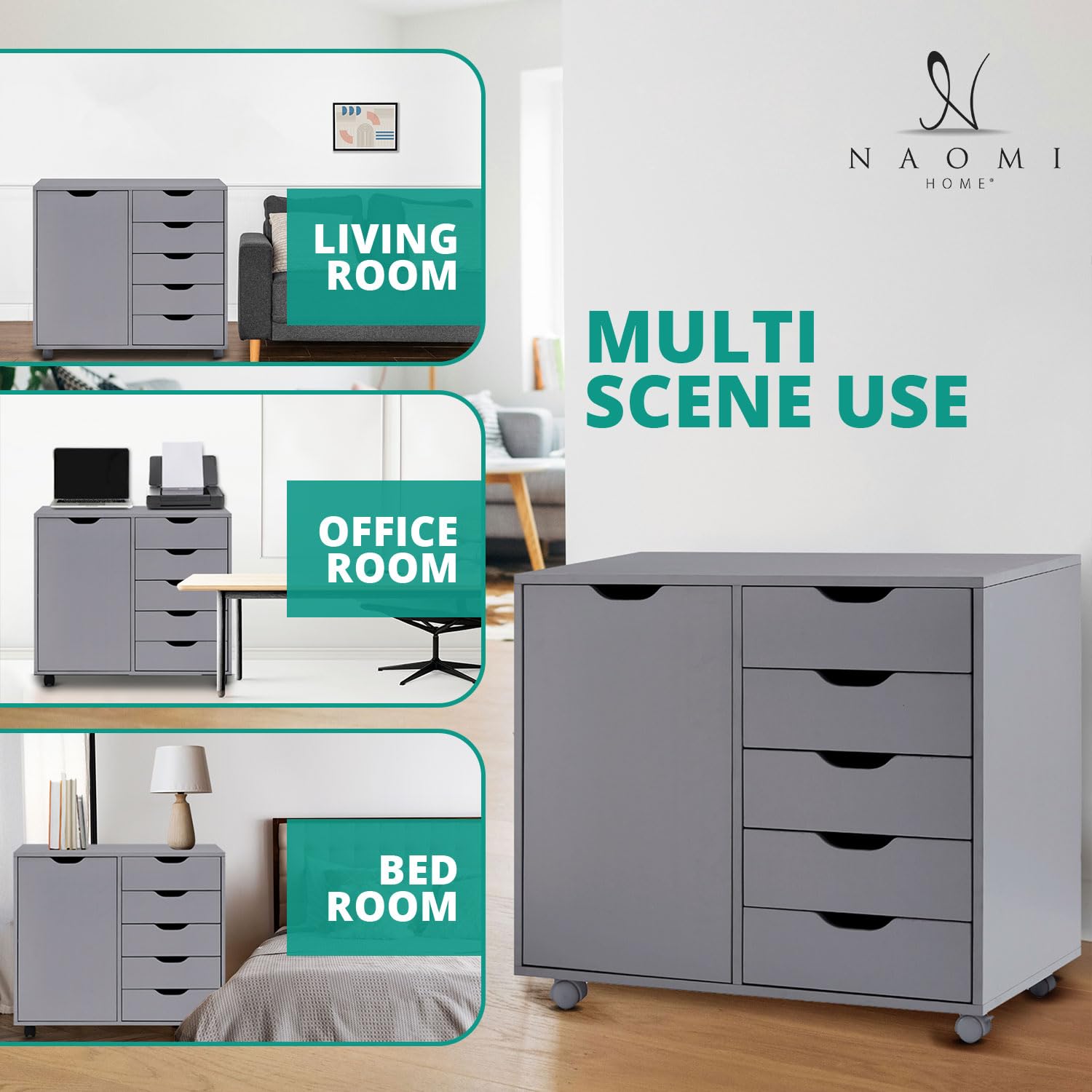 Naomi Home Amy 5-Drawer Wooden Dresser with Wheels - Gray Storage Cabinet for Bedroom, Closet & Office | 180 lbs Capacity | Craft Organizer, Makeup Vanity & File Storage Solution