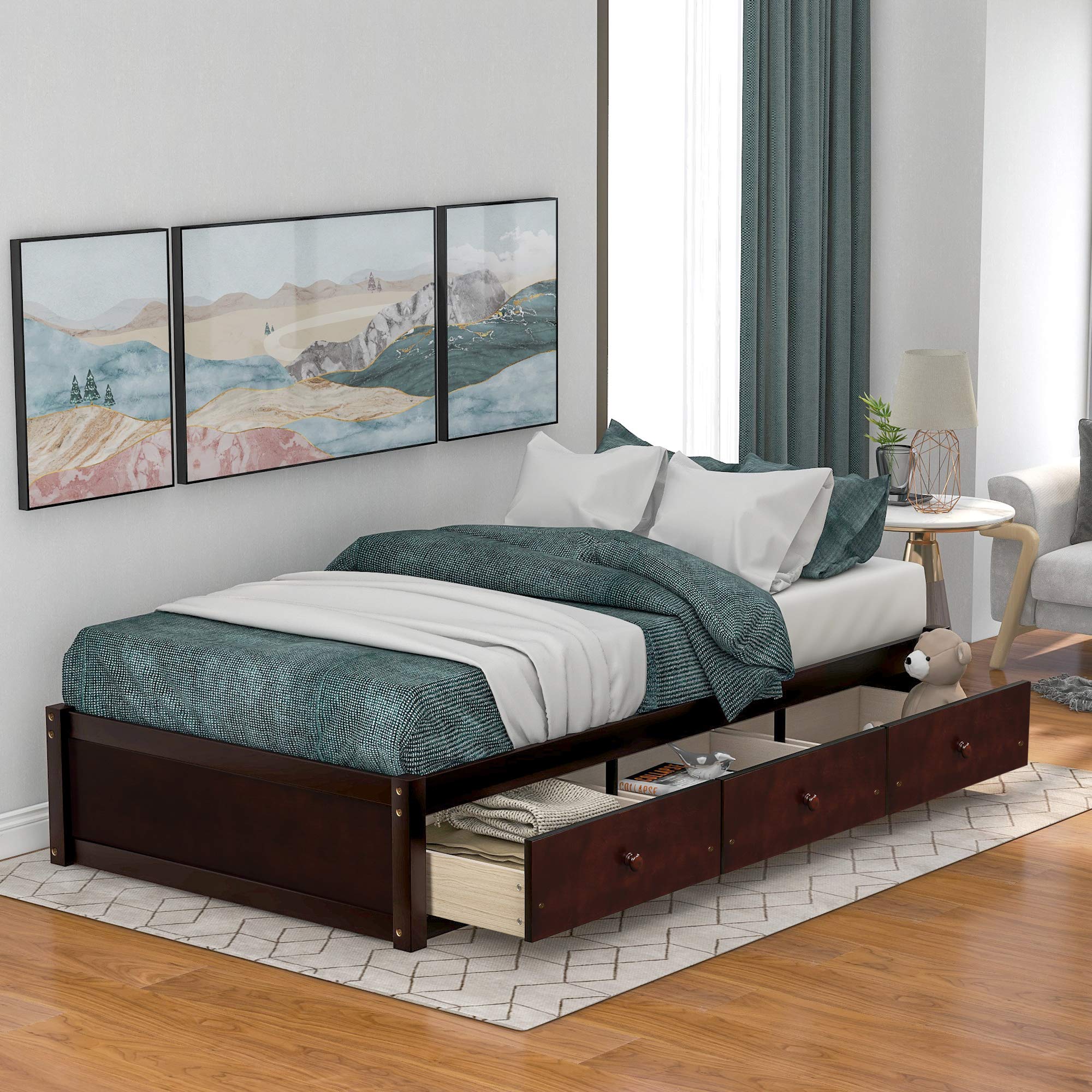 Merax Twin Size Platform Bed Frame with 3 Storage Drawers - Cherry Wood Finish - Space-Saving Storage Bed for Small Bedrooms, Dorms & Apartments