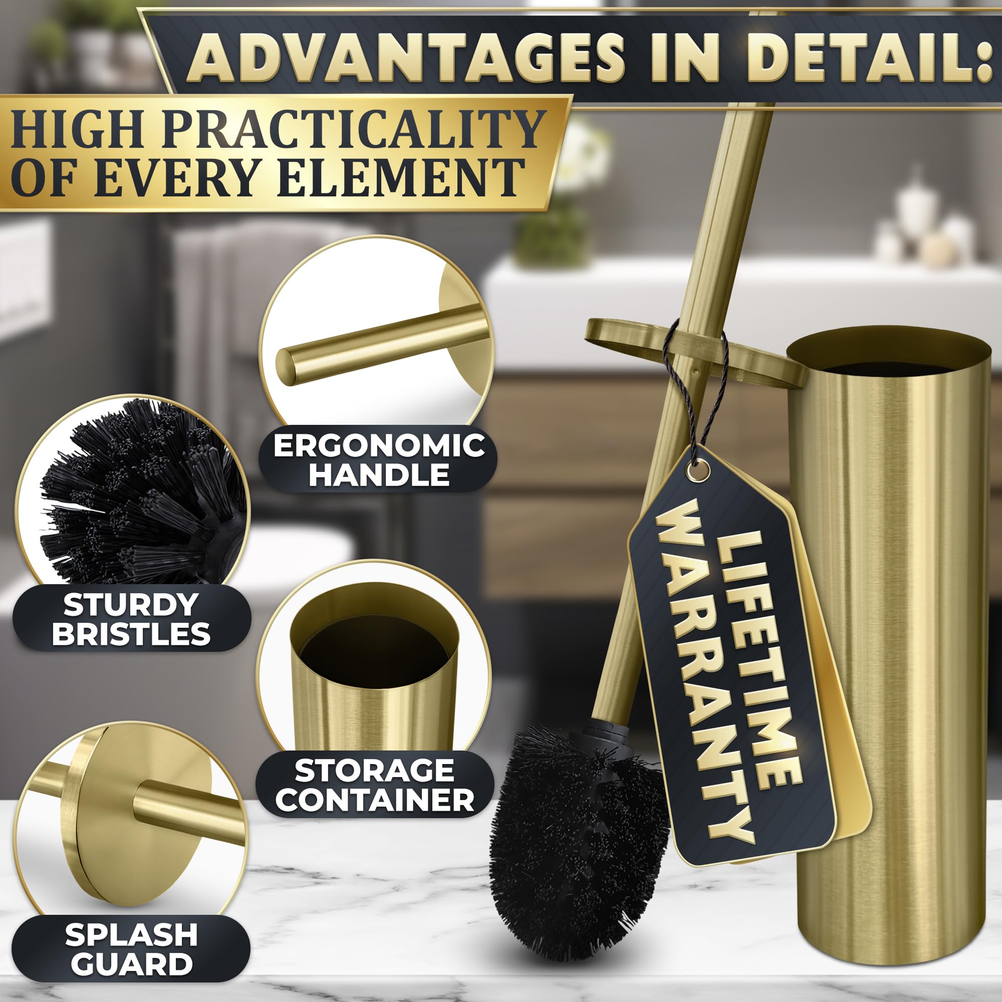 Gold Toilet Brush and Holder Set - Stainless Steel Toilet Bowl Cleaner with Replaceable Head & Splash Guard - Dense Bristles for Deep Cleaning - Perfect for Bathroom, Toilet, and Household Cleaning