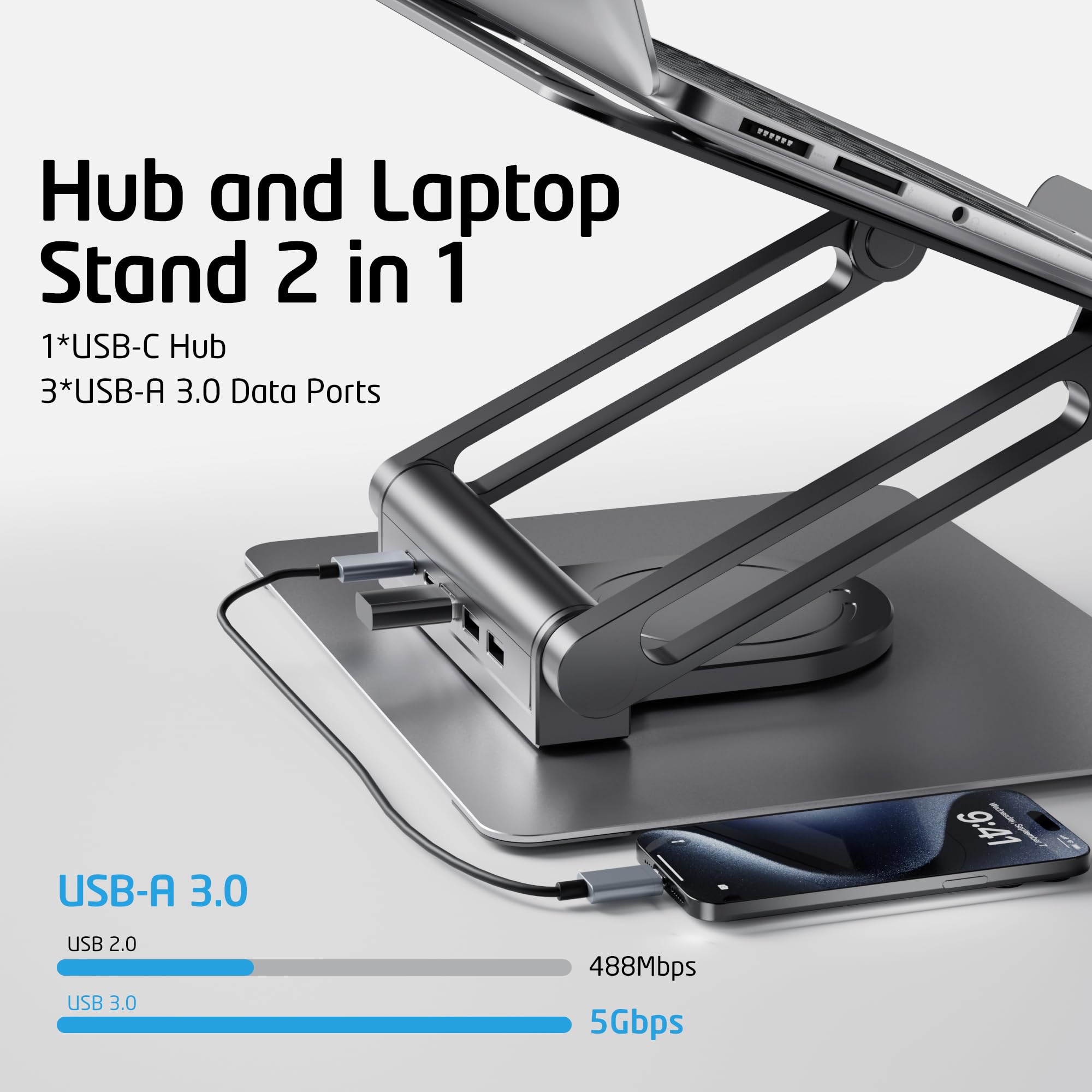 Adjustable Aluminum Laptop Stand with USB-C & USB-A Ports, 360° Rotating Base - Ergonomic Foldable Computer Riser for 7