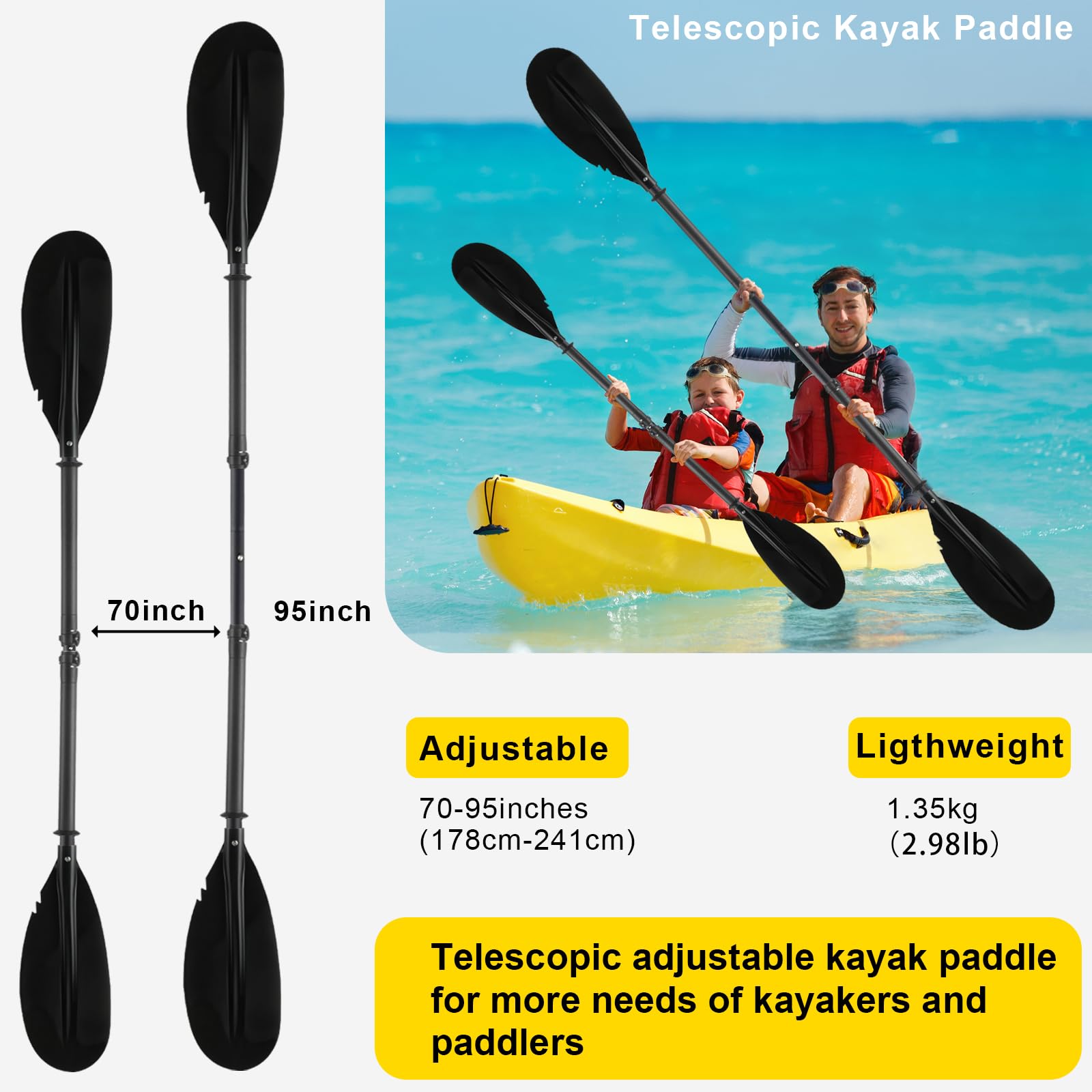 **Adjustable Kayak Paddle 70-95 Inch - Telescopic Canoe Oar for Fishing & Boating - Durable Steel Shaft with Paddle Leash - Perfect for Adults & Outdoor Water Sports**    *(Use Case: Ideal for kayaking, canoeing, fishing trips, and recreational water adventures.)*