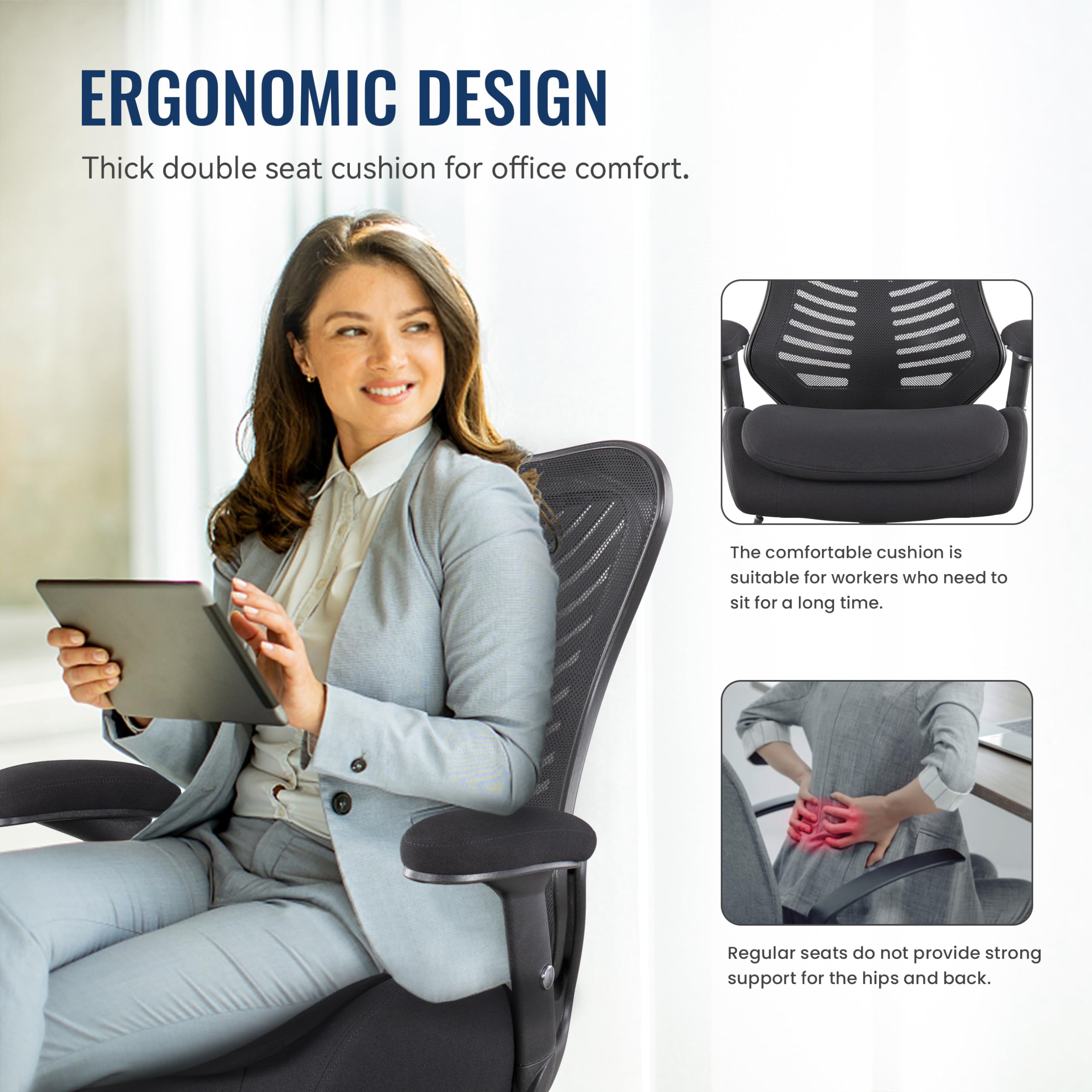 Ergonomic Office Mesh Computer Desk Chair with Lumbar Support Pillow & Double Seat Cushion - Adjustable Height Armrest, Black - Perfect for Home Office, Gaming, and Workspace Comfort