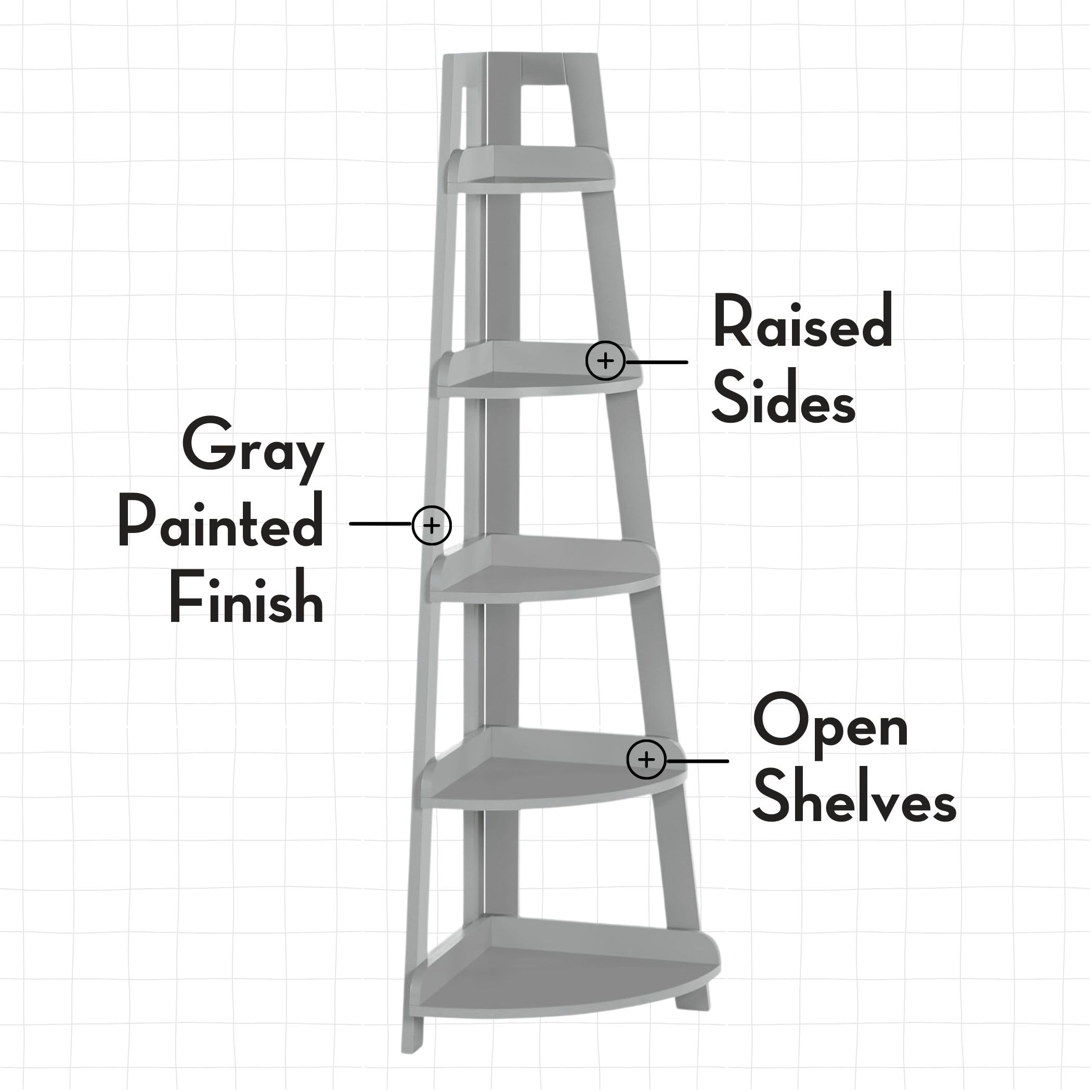 RiverRidge 5-Tier Corner Ladder Bookshelf for Kids - Space Saving Gray Bookshelf with Open Shelves for Books, Toys & Decor | Perfect for Bedroom, Playroom & Classroom Organization