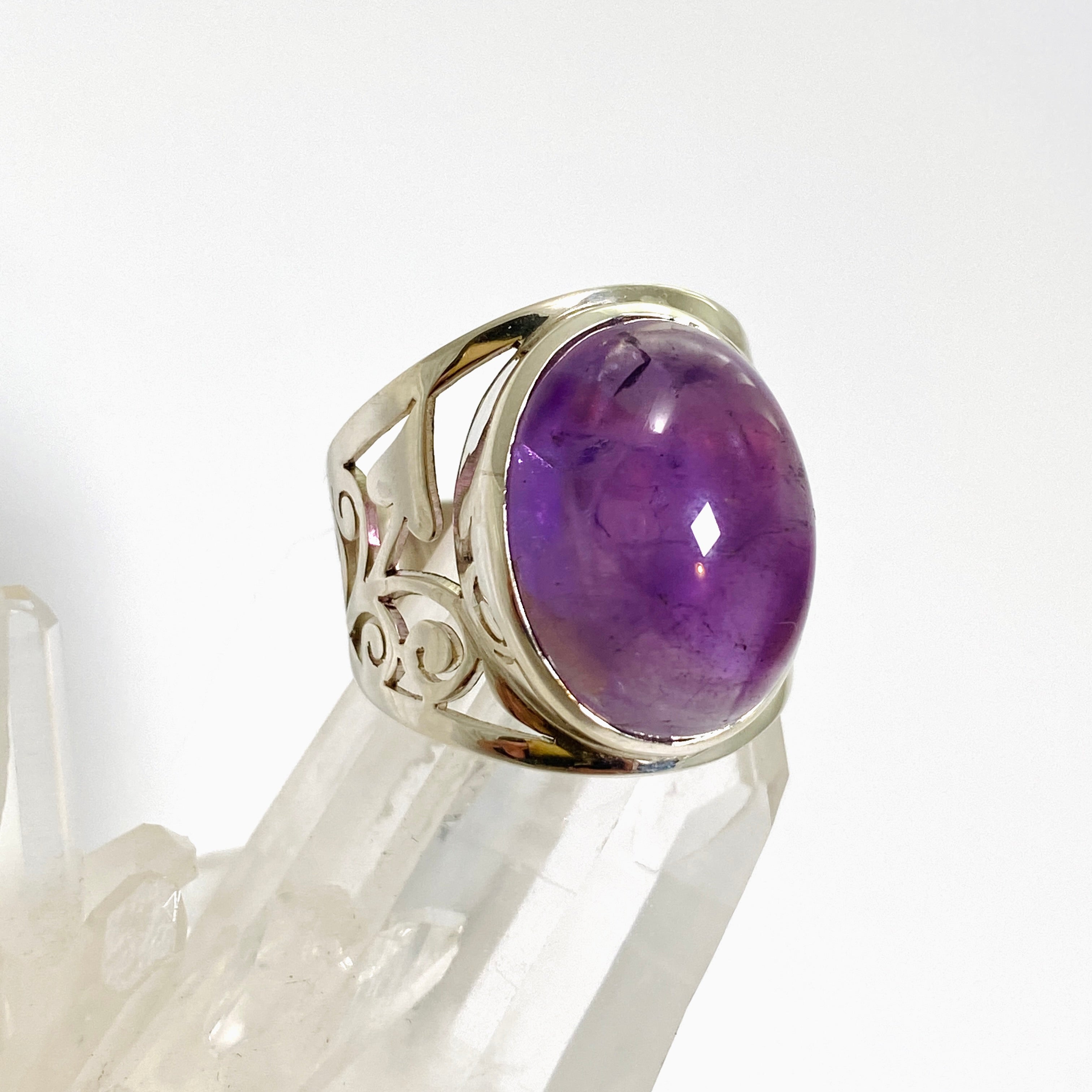 Amethyst Oval Cabochon Ring - Wide Band Filigree Setting in Sterling Silver (PRGJ837) | Elegant Jewelry for Women, Perfect for Weddings, Parties & Special Occasions
