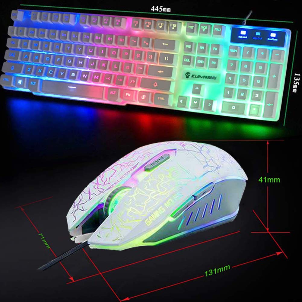 Rainbow Backlit USB Gaming Keyboard with US Layout T6 + 2400DPI 6-Button Optical Rainbow LED Gaming Mouse + Mouse Pad Set, 104 Key Semi-Mechanical Keycaps for Mac/Windows (White) - Perfect for PC Gaming, Office Work, and Typing