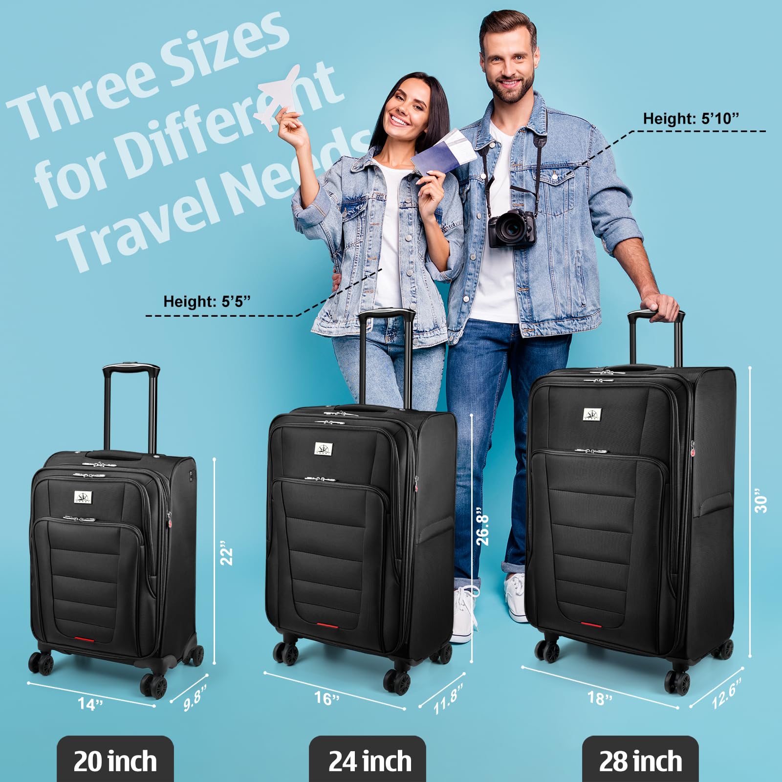 **Verdi 24-Inch Expandable Lightweight Spinner Luggage - Softside Suitcase for Travel (Black, Checked-Large) | Perfect for Weekend Trips & Business Travel**
