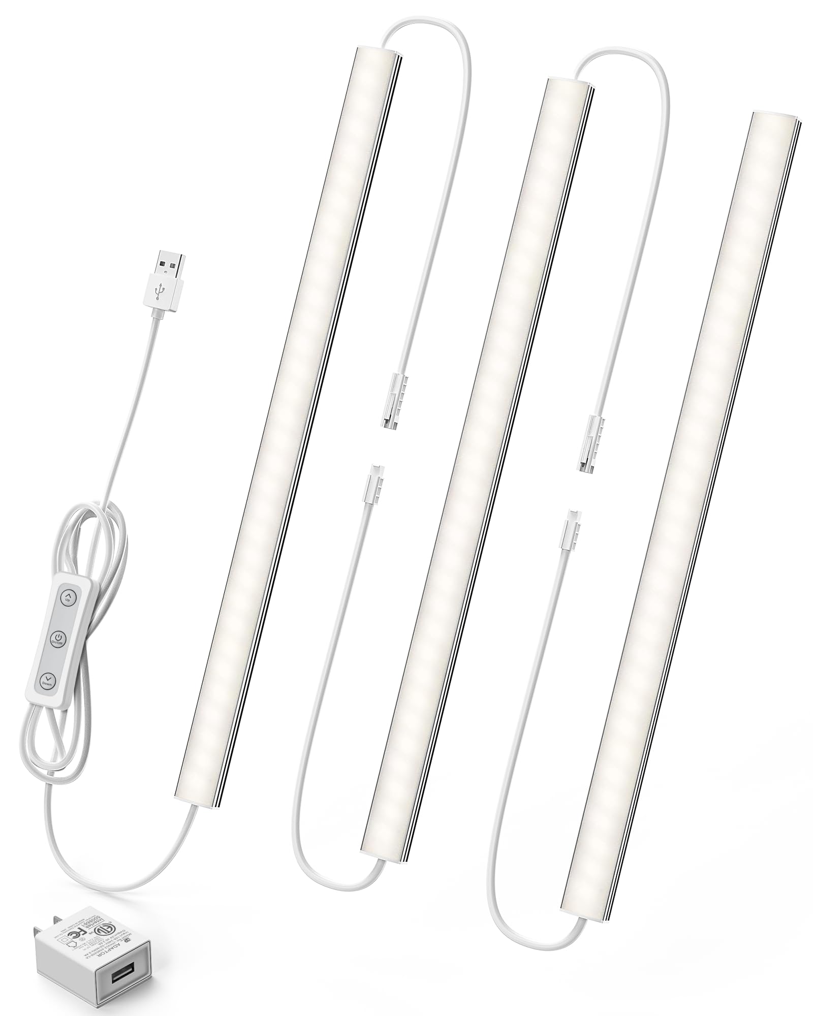 Under Cabinet Lighting Plug-in - Dimmable 12 Inch LED Light Strips (3 Pack) 4500K Daylight White, USB Powered Linkable Light Bars for Kitchen Counter, Desk, Sink & Workbench - Perfect for Task Lighting & Home Decor