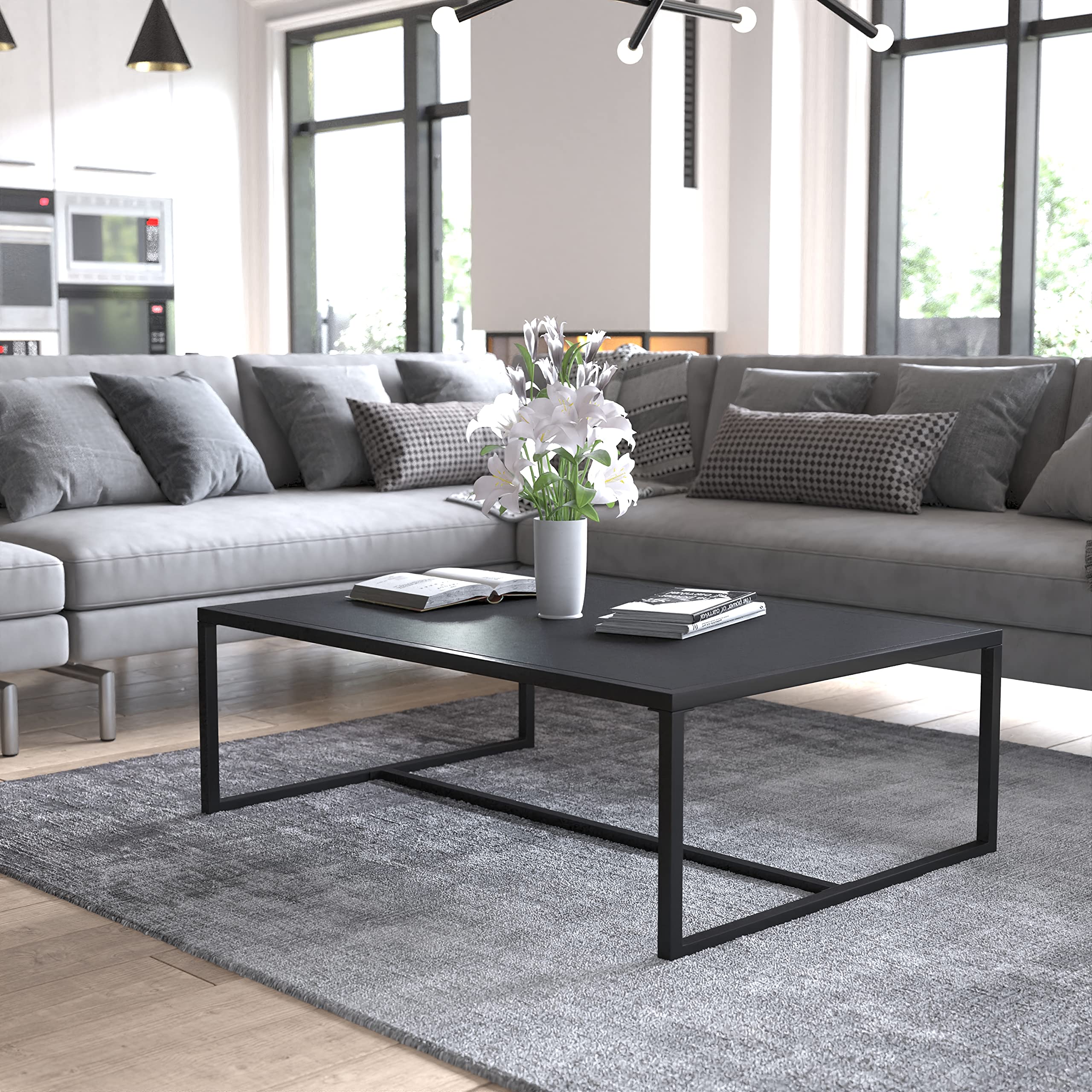 EMMA + OLIVER Black Steel All-Weather Commercial Grade Patio Coffee Table for Indoor & Outdoor Use - Perfect for Backyard, Garden, Deck, and Poolside Relaxation