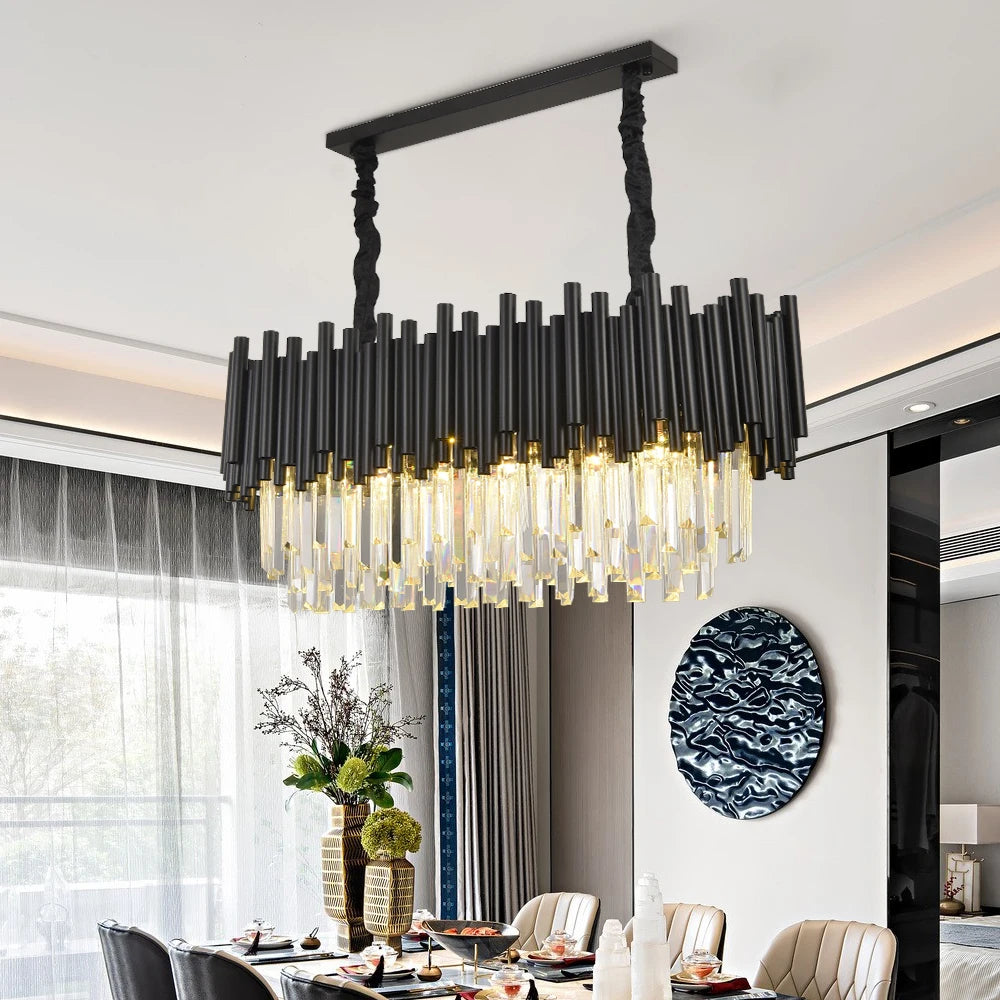 Finn Modern Black Linear Crystal Chandelier - Elegant Dining Room Lighting Fixture for Contemporary Home Decor | Perfect for Dining Rooms, Kitchens, and Entryways