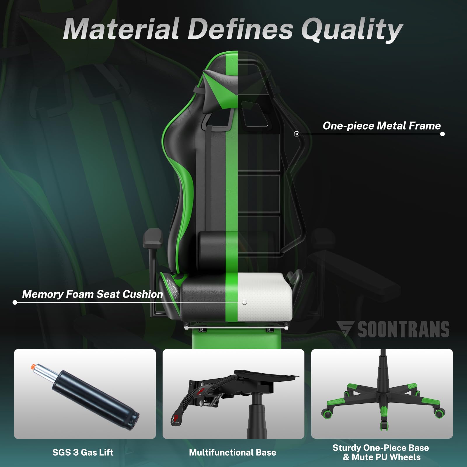 Soontrans Green Ergonomic Gaming Chair with Footrest - PU Leather Office Computer Chair with Adjustable Lumbar Support & Headrest for Adults - Perfect for Home Gaming Setup, Work from Home & Office Workspace