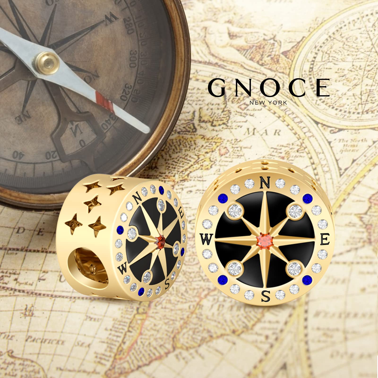 GNOCE 925 Sterling Silver Compass Charm Bead - 'You Are My World' Jewelry Gift for Women & Men, Perfect for Bracelets & Necklaces - Ideal for Christmas, Anniversaries & Travel Accessories (2 Gold)