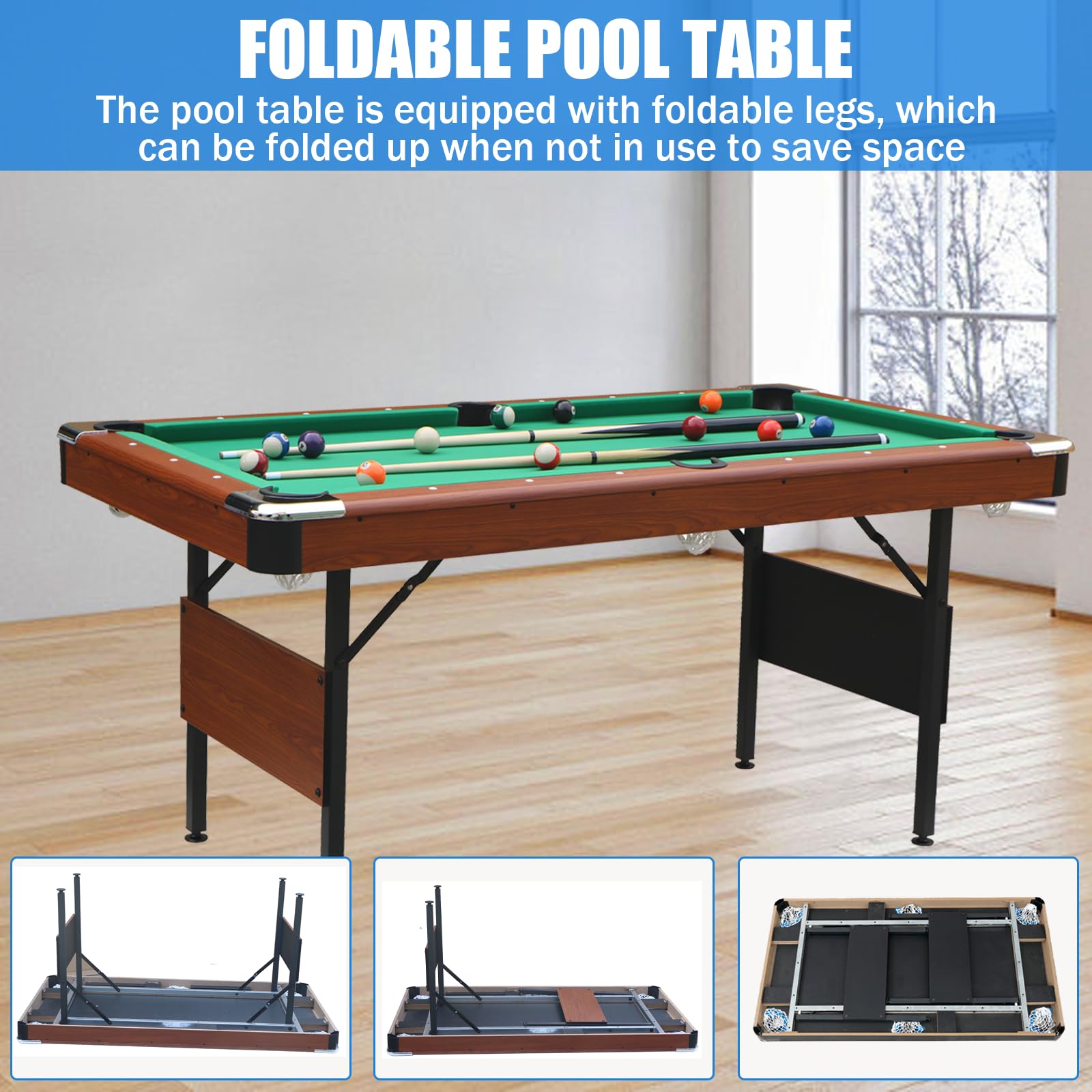 BOSTANA 5.5 ft Foldable Pool Table Set with Balls, Cues, Chalk & Brush - Portable Billiard Table for Home, Game Room, Kids & Adults - Perfect for Family Fun, Parties & Indoor Entertainment