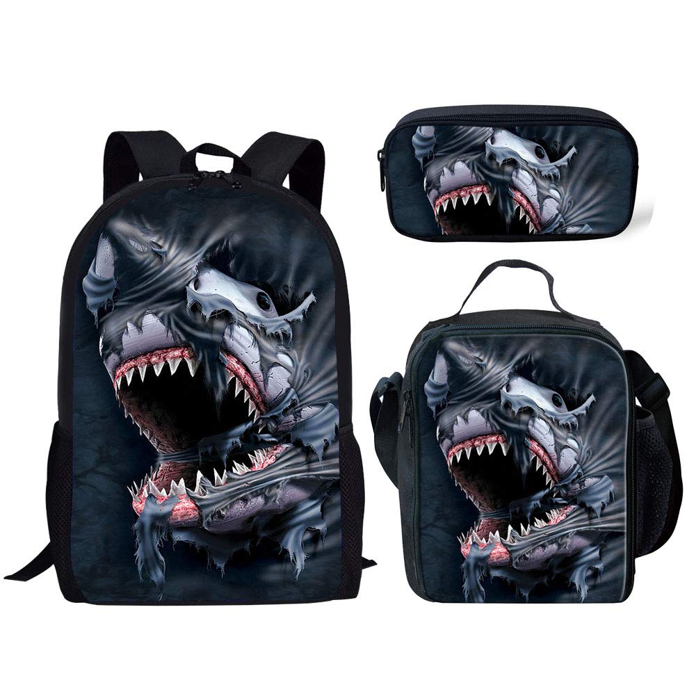 ELEQIN Cool Ocean Shark Head Backpack Set for Kids - School Bookbag with Lunch Box & Pencil Case | Durable Backpack for Elementary & Middle School Students | Perfect for Daily Use, Travel & Outdoor Activities