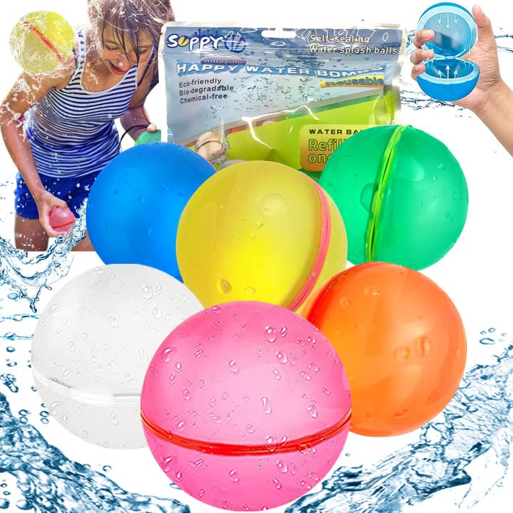 Refillable Water Balloons for Kids - 6 Pack Self-Sealing Reusable Water Bombs for Outdoor Summer Fun, Pool Parties & Beach Games - Quick Fill Splash Balls for Ages 4-12 (Multi-Color) - Perfect for Backyard BBQs, Birthday Parties & Family Gatherings