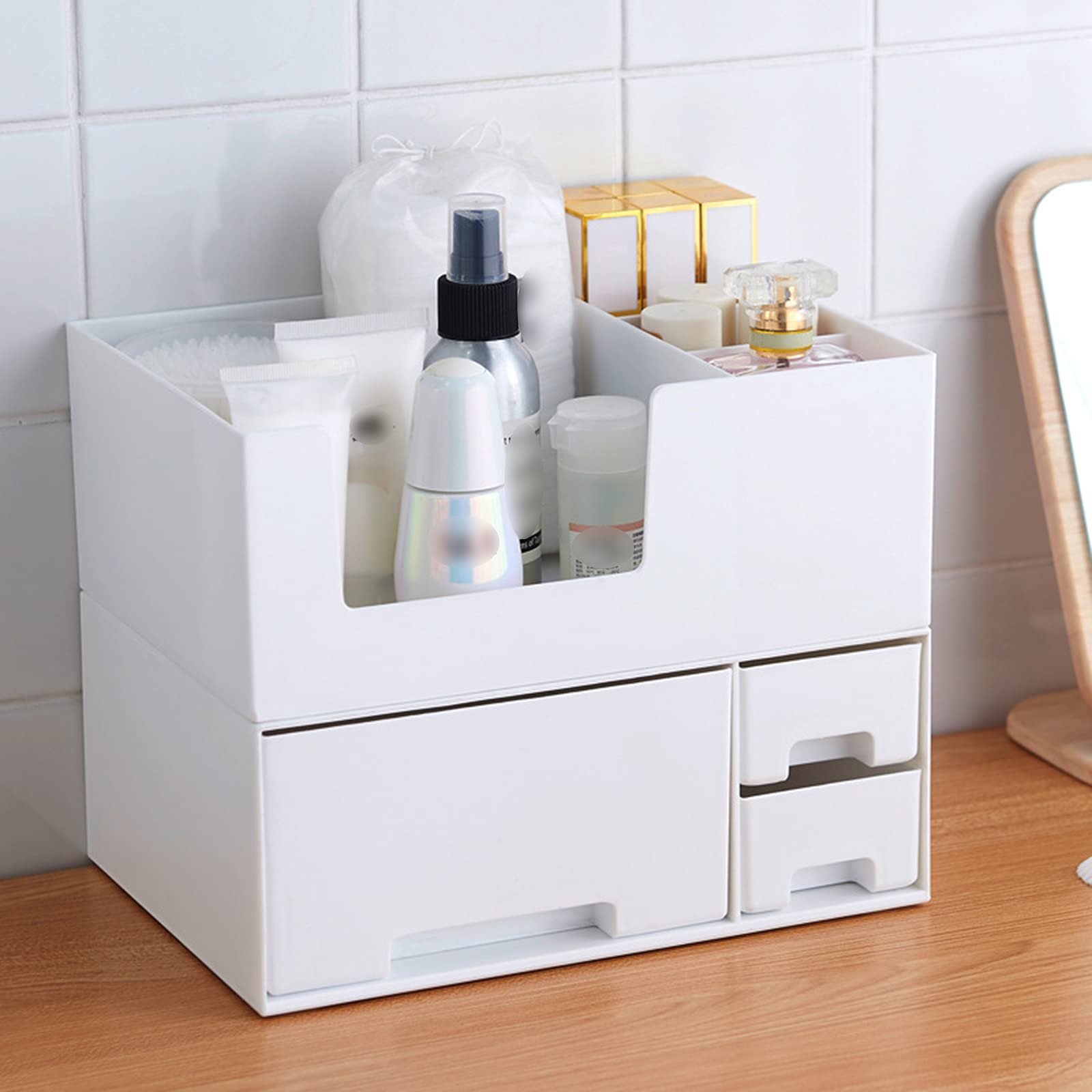 Stackable Plastic Makeup Organizer with Drawers - Cosmetic & Jewelry Storage Box for Vanity, Desk, Bathroom - White Display Case for Lipsticks, Brushes & Beauty Essentials | Perfect for Home & Travel Organization