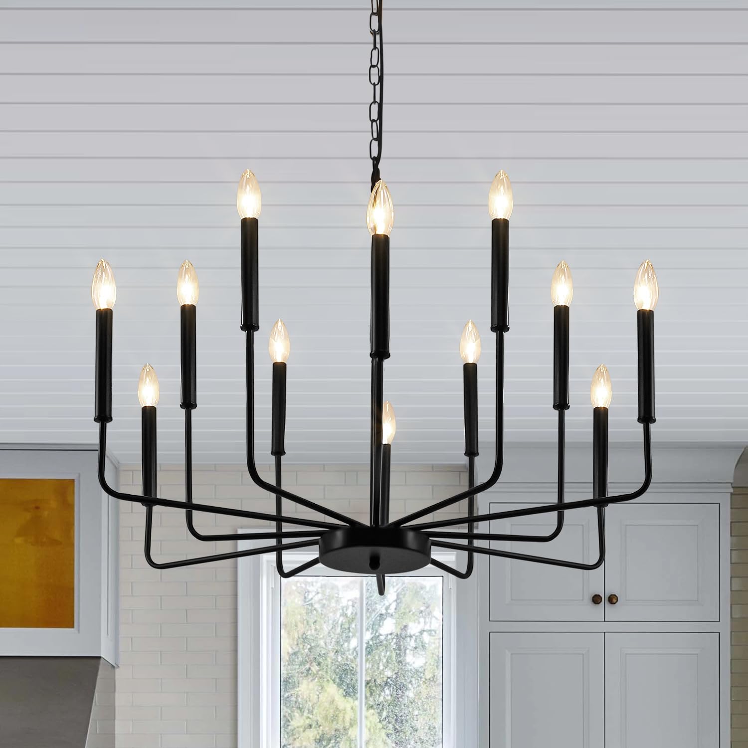 Farmhouse Black Chandelier with 12 Lights - Elegant Candle Style Dining Room Chandelier Lighting Fixture for Kitchen, Bedroom, Foyer & Living Room | Perfect for Farmhouse Decor, Wedding Centerpiece & Rustic Home Lighting