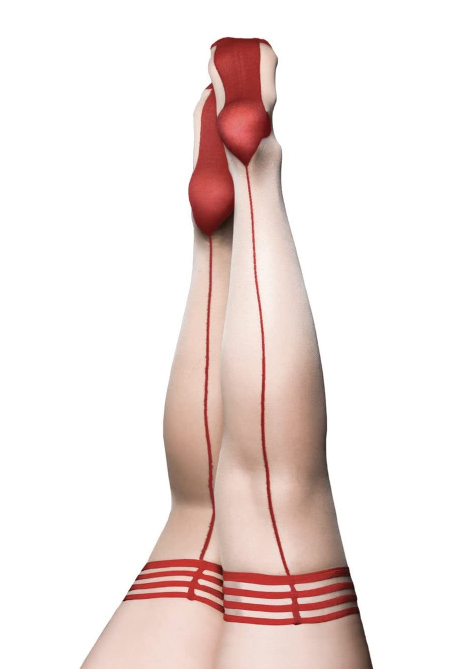 Kix'ies Thigh High Stockings for Women - No Slip Grip Stay Up Thigh Bands | Sexy Lingerie & Hosiery in Whitney Nude with Red Band, Red Seam & Heel (Style 1334C) | Perfect for Date Night, Bridal Wear & Special Occasions