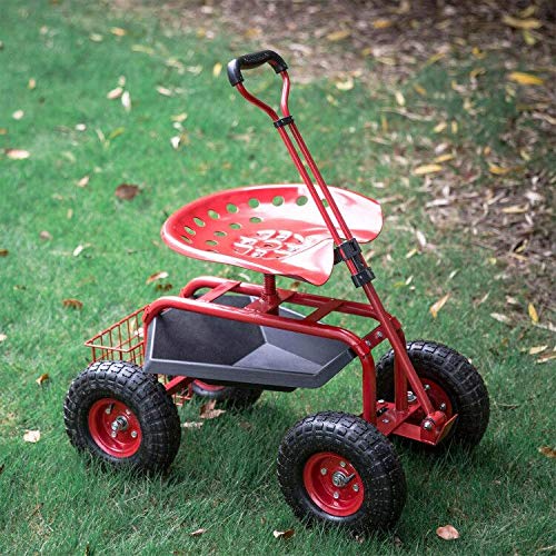 Heavy Duty Garden Cart with Tool Tray & Storage Basket - Rolling Work Seat Scooter with Wheels & Handle for Outdoor Gardening, Landscaping, and Yard Work