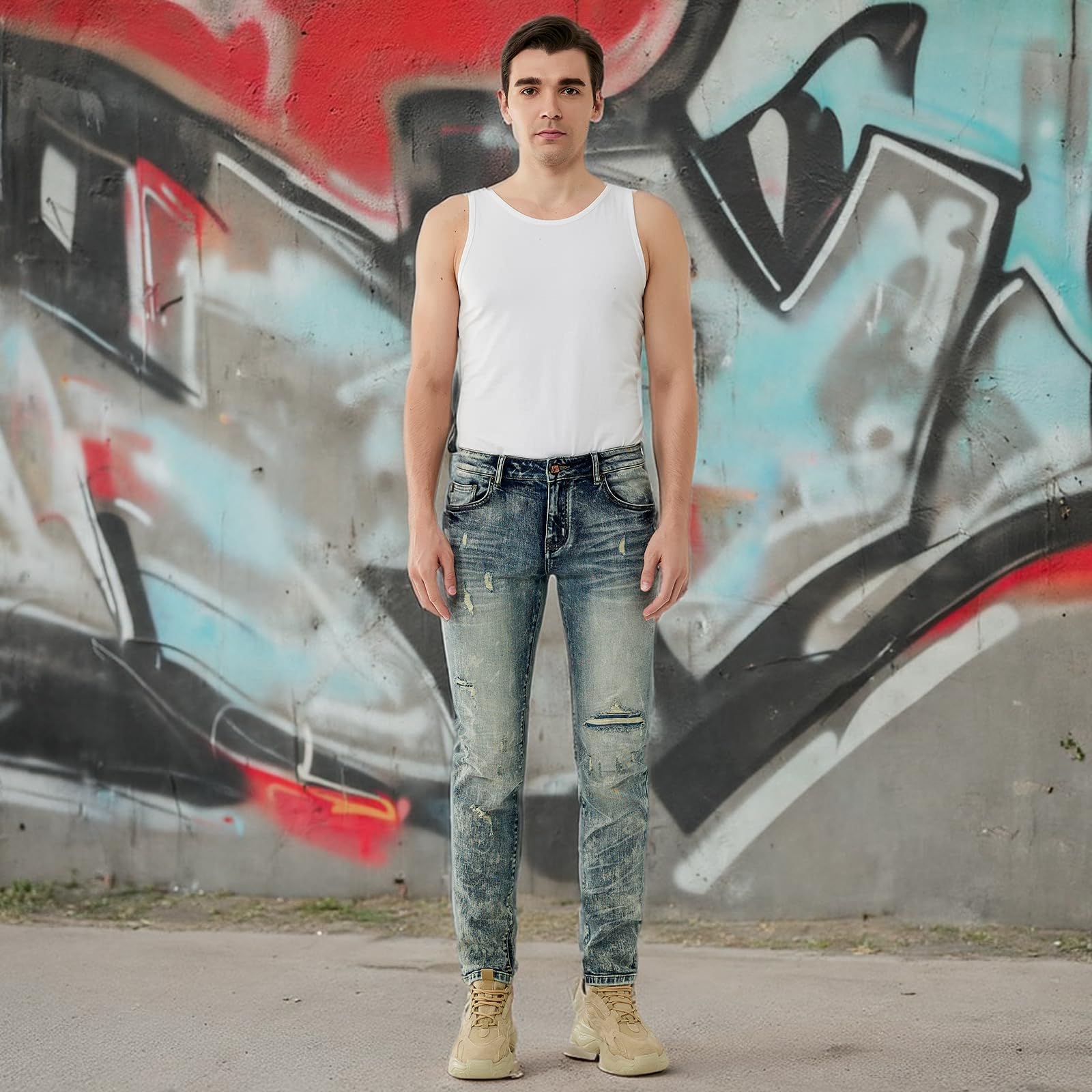 Men's Distressed Slim Fit Stretch Ripped Denim Jeans - Full Length Destroyed Wash for Casual Wear & Street Style