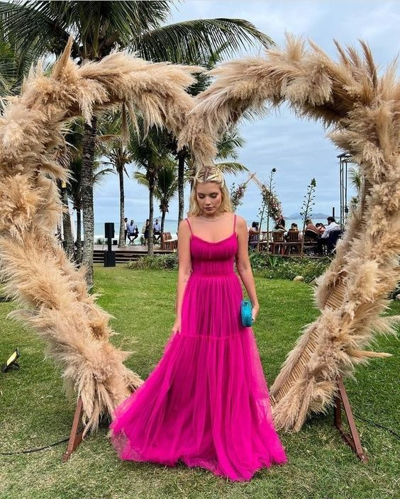 Elegant Fuchsia Tulle A-Line Long Prom Dress for Formal Evening Events | Perfect for Homecoming, Wedding Guest & Special Occasions