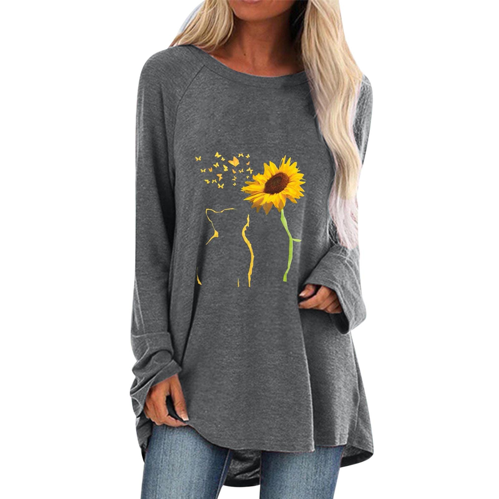 Vermers Women's Casual Crew Neck Raglan Sunflower Print Long Sleeve T-Shirt - Soft Blouse for Everyday Wear, Work & Outfits