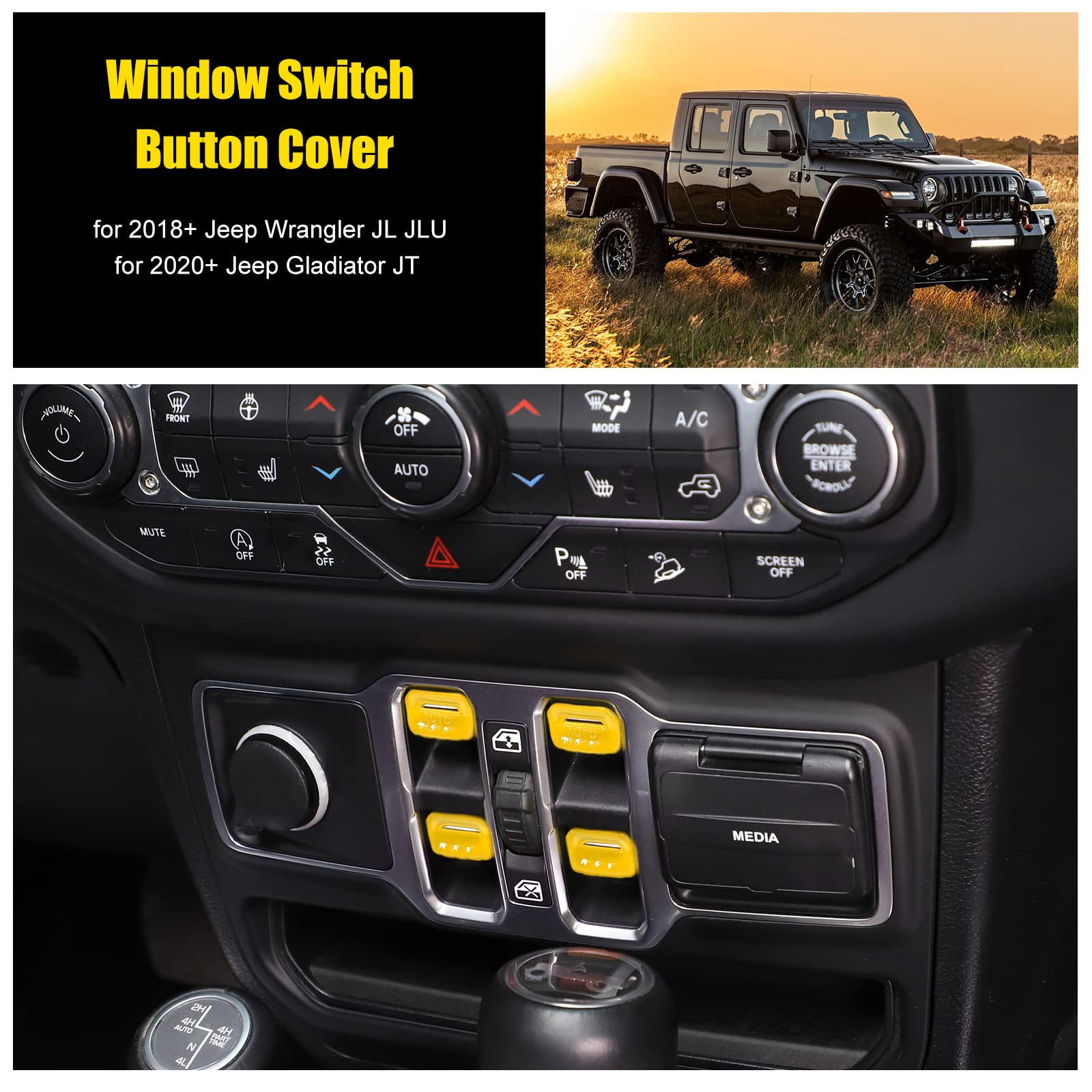 4PCS Yellow Window Switch Button Cover Trim Interior Accessories for Jeep Wrangler JL JLU Gladiator JT 2018-2024 - Upgrade & Protect Your Car Interior (Perfect for Off-Roading & Daily Driving)