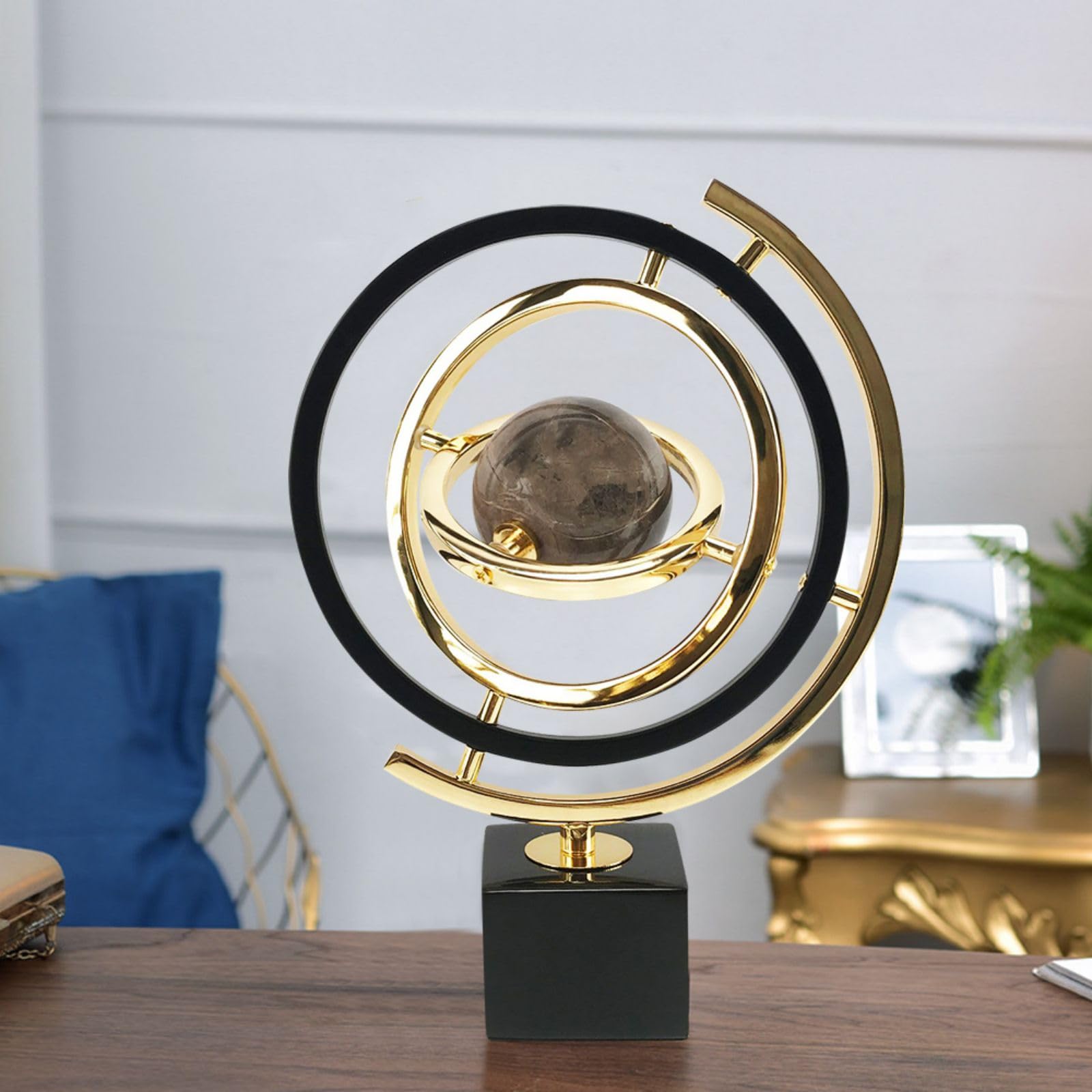 Homary Modern Abstract Metal Globe Sculpture with Rectangle Stand - Black & Gold Art Decor for Living Room, Office & Home Interior Design