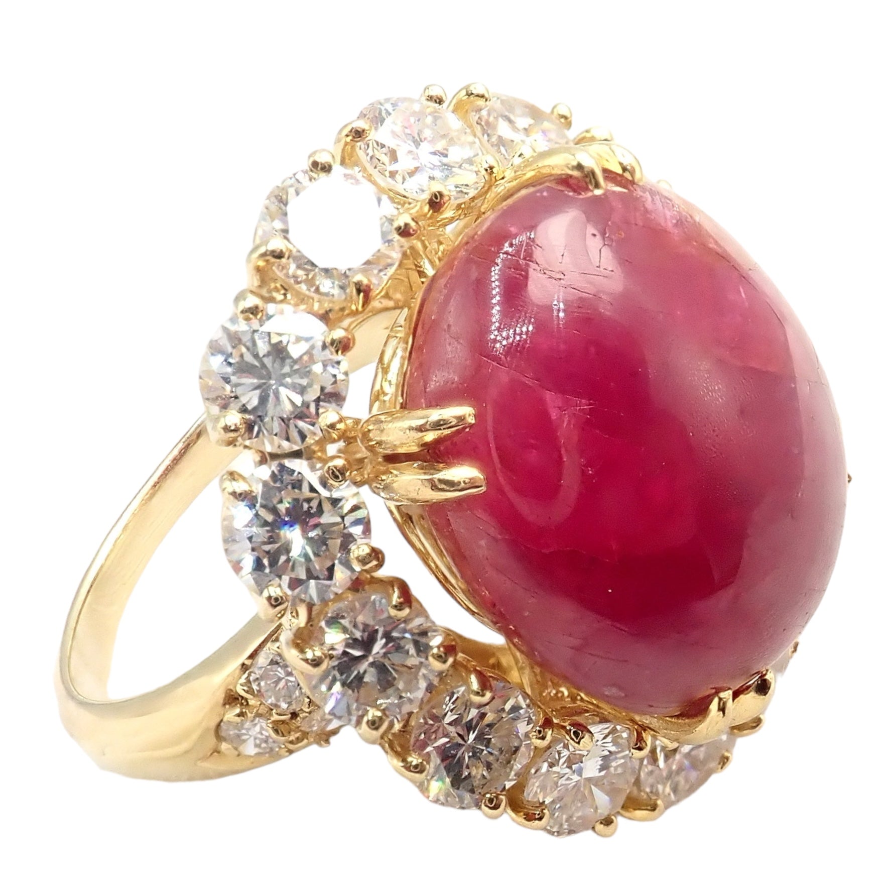 Authentic Van Cleef & Arpels 18k Yellow Gold Large Cabochon Ruby Diamond Ring for Women - Luxury Jewelry Gift for Anniversary, Engagement & Special Occasions