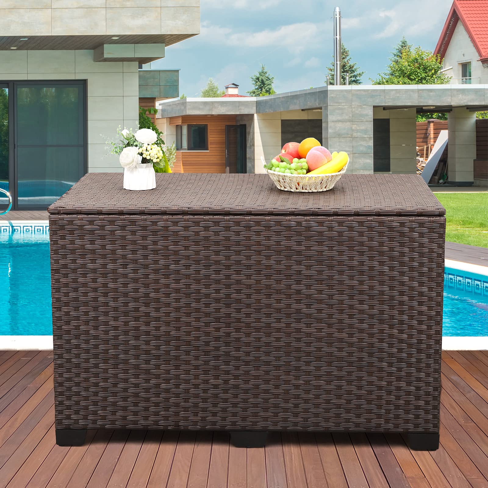 Valita Outdoor Wicker Storage Box - Large 150 Gallon Resin Brown Rattan Deck Bin with Lid & Water-resistant Liner - Perfect for Patio, Garden Tools, Pool Accessories, Cushions & Pillows - Ideal for Backyard, Deck & Outdoor Storage Organization