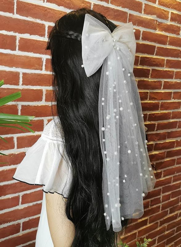 FAMEZA Bridal Hair Clip Set - Pearl White Bow Veil Headband for Bachelorette Party, Bridal Shower & Wedding - Bride to Be Accessories, Bridesmaid Gifts (Multicolor) | Perfect for Wedding, Engagement & Bridal Party Photos