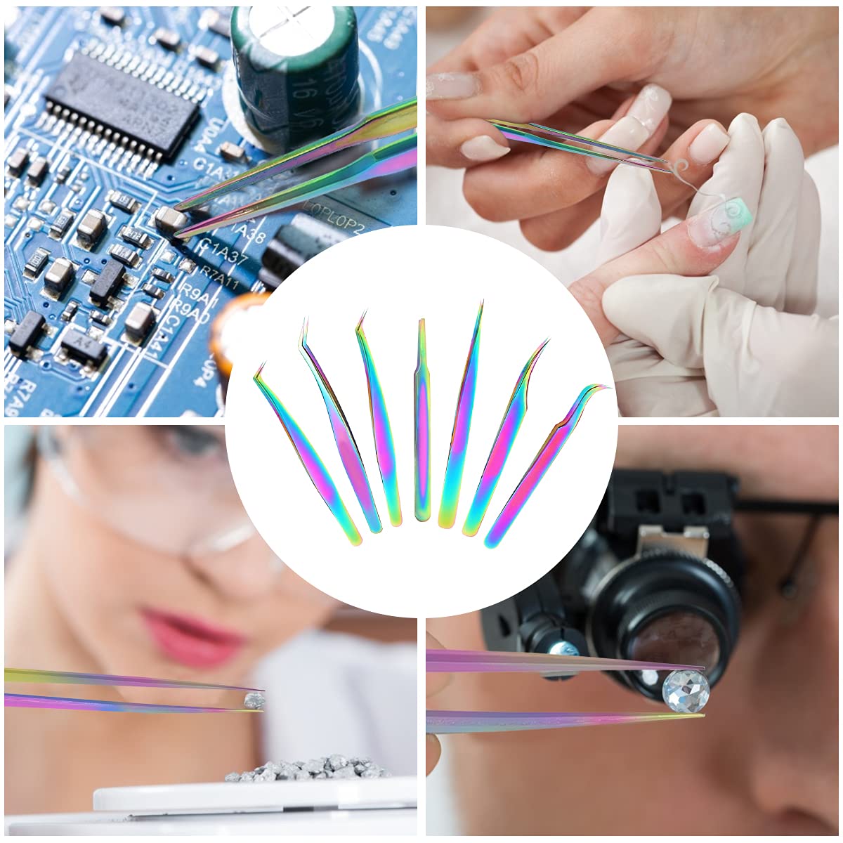 Fangze 7-Piece Eyelash Extension Tweezers Set - Professional Rainbow Stainless Steel Straight & Curved Tweezers for Lash Extensions, Nail Art, Ingrown Hair Removal & DIY Crafts - Perfect for Salon Professionals & Home Use