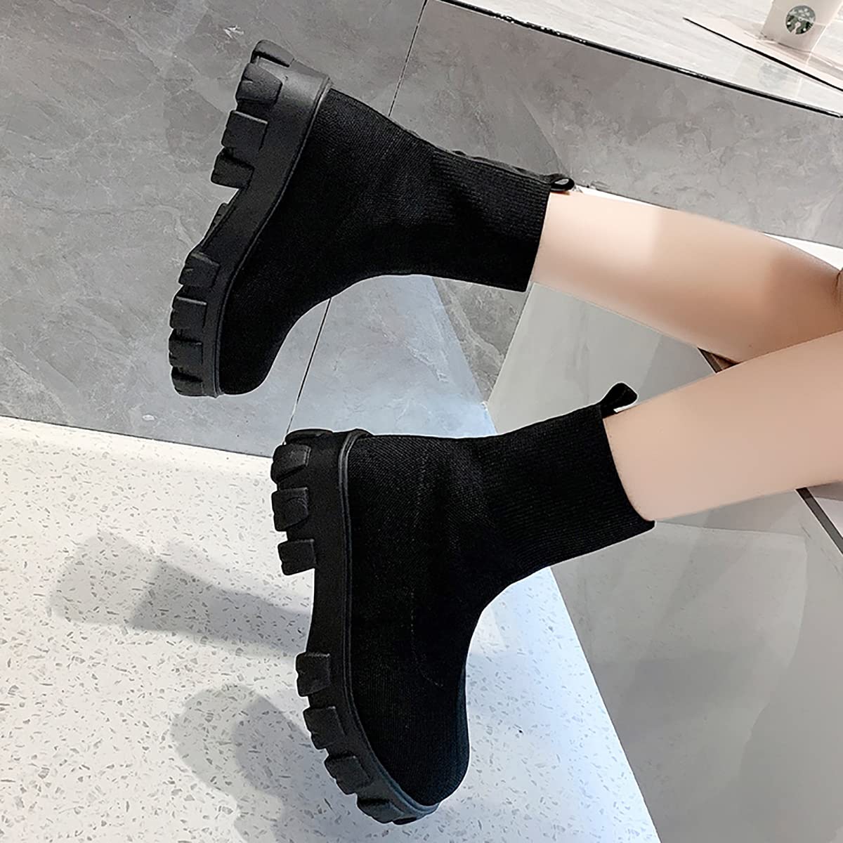 Goolita Women's Platform Ankle Boots with Lug Sole - Chunky Heel Slip On Chelsea Boots Round Toe Elastic Combat Booties for Casual Outfits, Fall Winter Fashion & Street Style