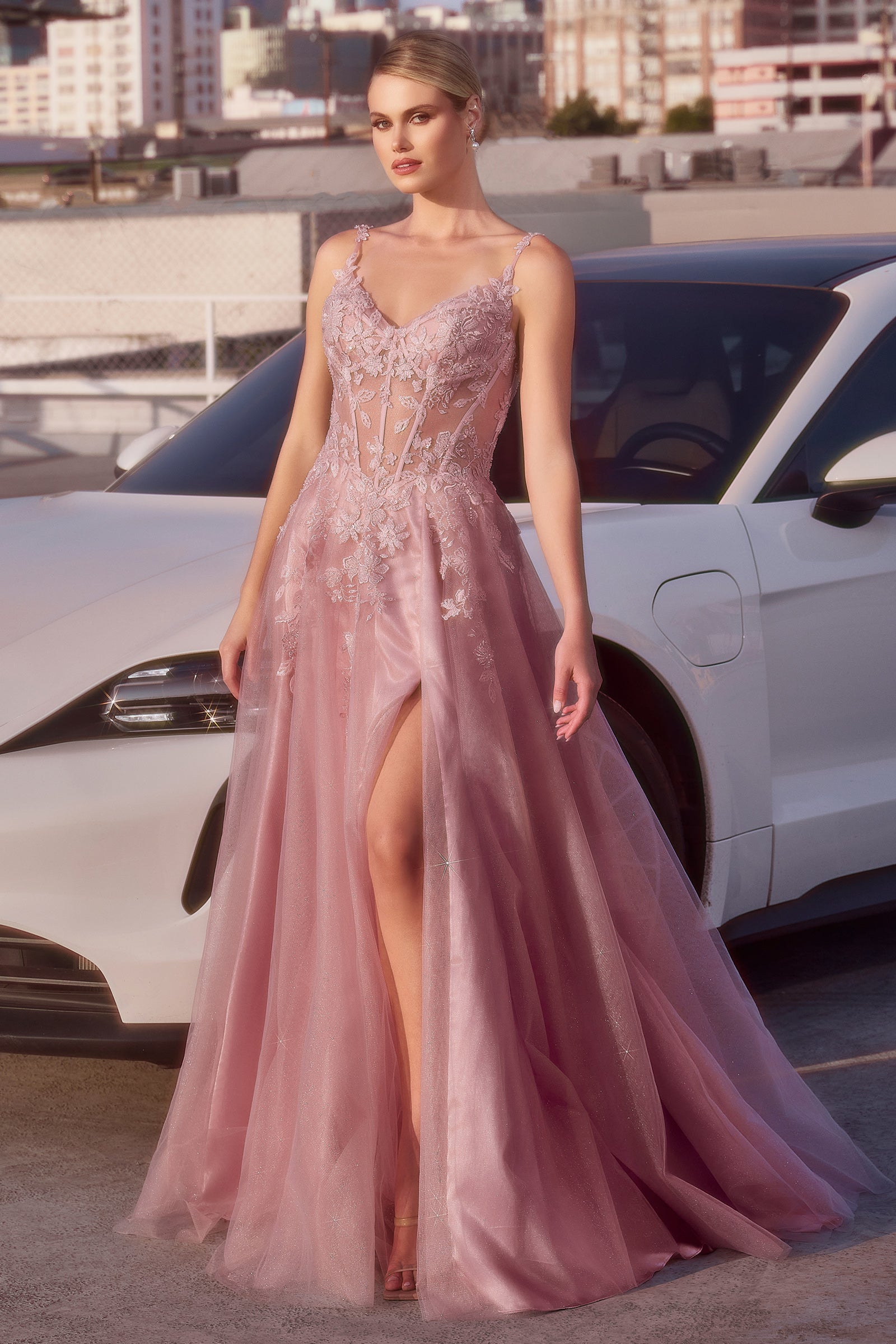 Elegant Mauve Floral Lace A-Line Tulle Dress with Layered Skirt - Perfect for Weddings, Prom & Special Occasions