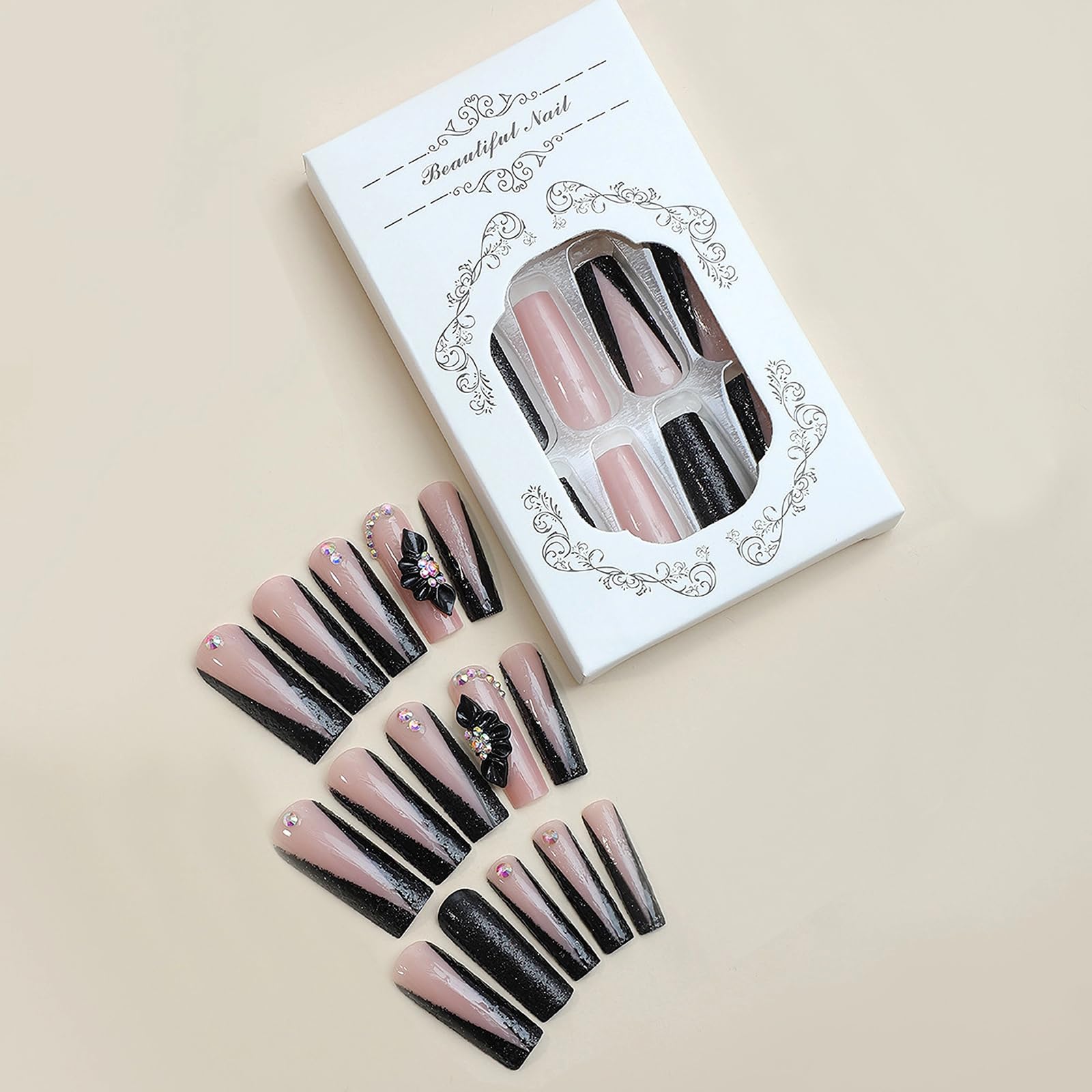 MISUD Long Square Press On Nails - Glossy Black Glitter French Tip with Acrylic Flower Rhinestone Design, 24pcs False Nails for Women, Perfect for Parties, Weddings & Special Occasions